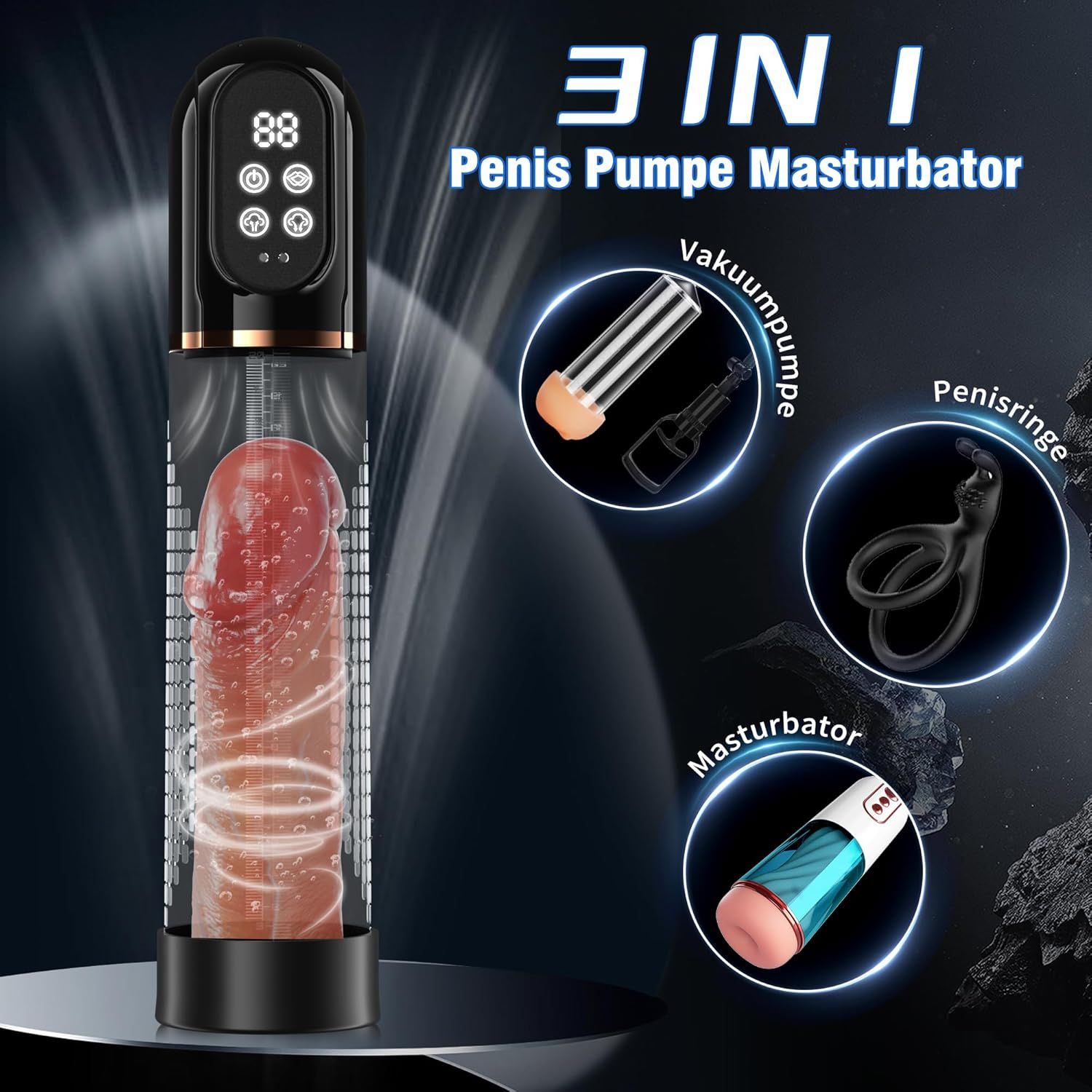 Pumpe mit digitalem Display. Enthält Vakuum-, Penisringe und Masturbator. Schwarzes Gehäuse.