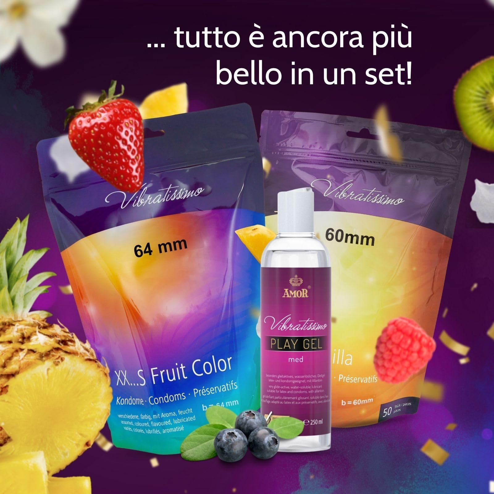 Vibratissimo XXS Fruit Color Kondome, 64 mm, und Vibratissimo Play Gel.