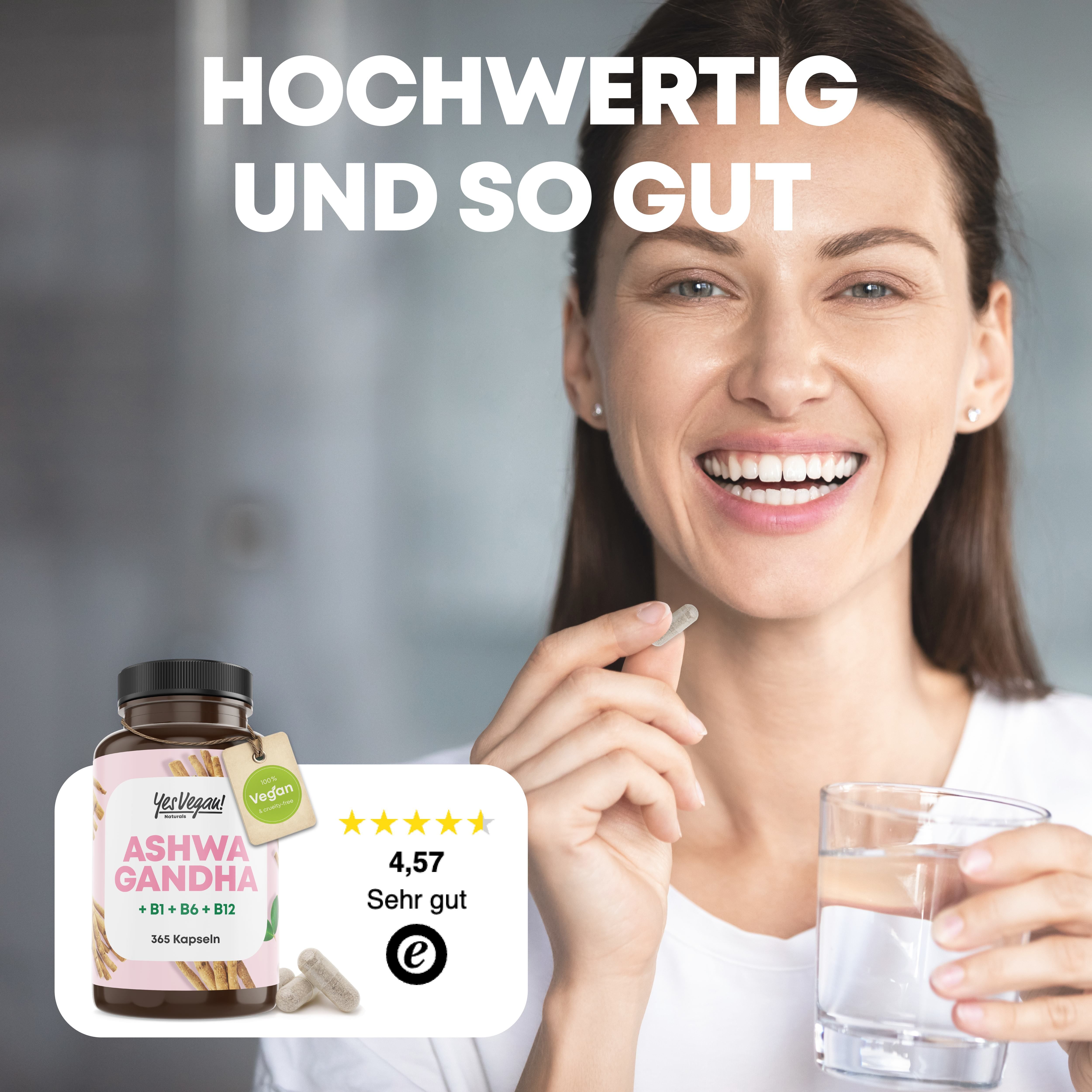 Hochwertig: Frau nimmt Ashwagandha-Kapsel. Flasche und Bewertung sichtbar.