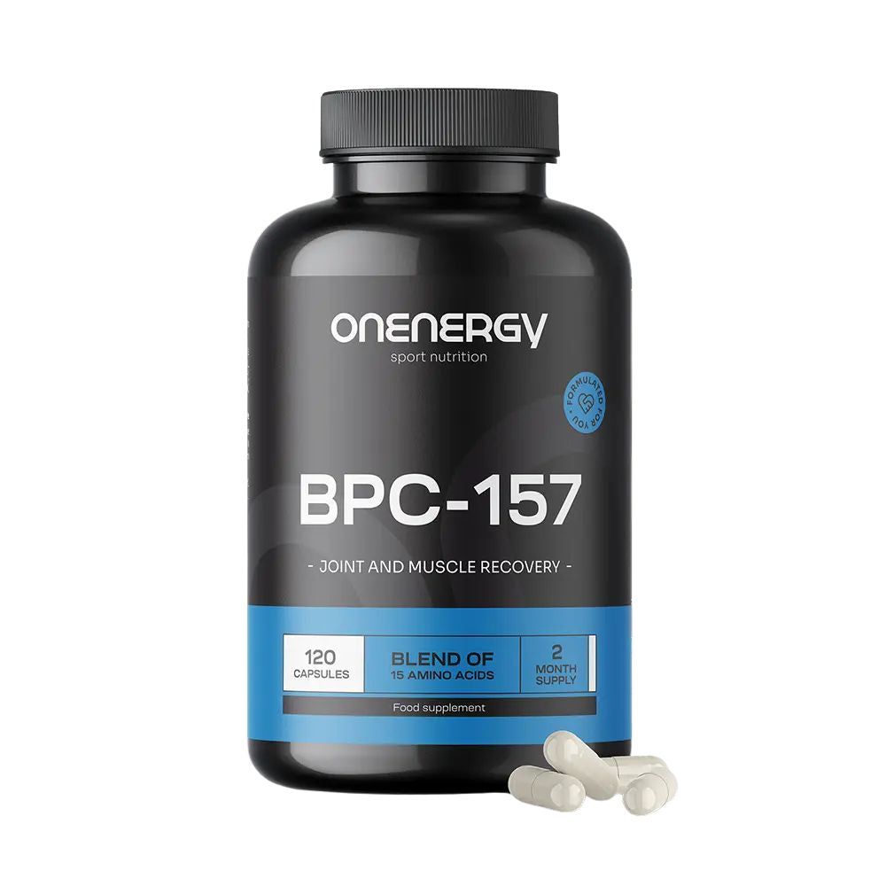 Schwarze Dose mit BPC-157 Kapseln, 120 Stück, Aminosäuren-Komplex für Muskelregeneration.
