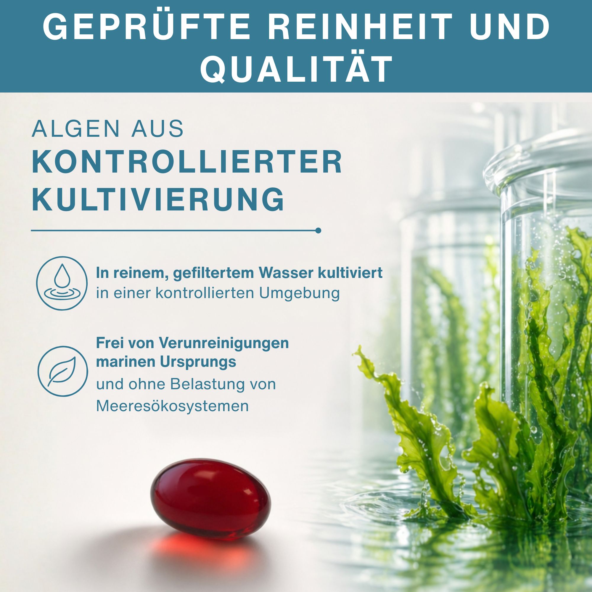Flasche mit Omega-3-Kapseln. Enthält DHA, EPA und Astaxanthin. Hergestellt in GB.