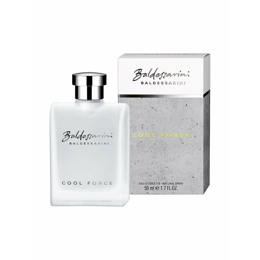 Flakon und Verpackung. Flakon rechteckig, silberner Verschluss. Verpackung mit Schriftzug 'Baldessarini' und 'COOL FORCE'.