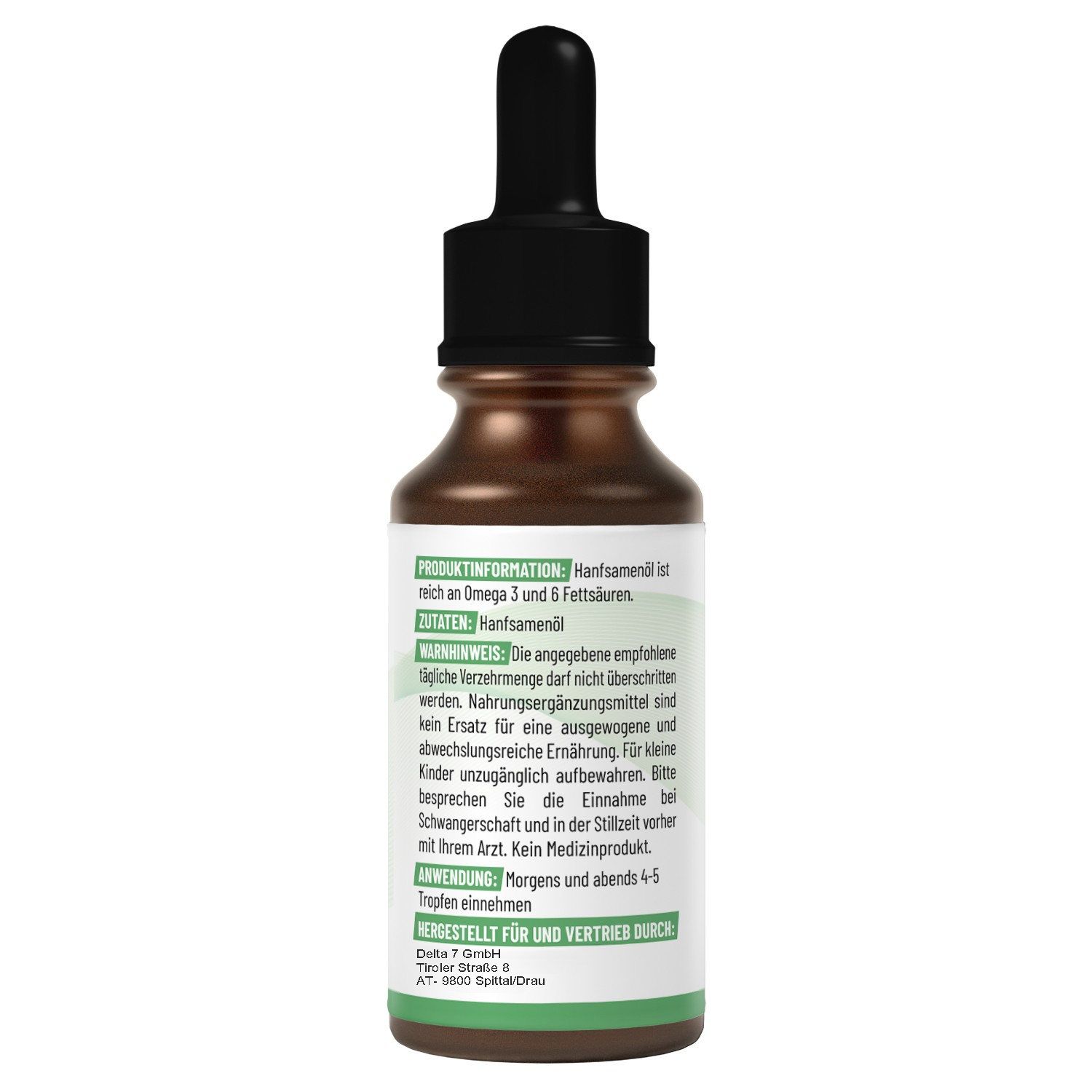 Braune Flasche mit schwarzem Tropfer. Etikett mit Text. Produktinformationen: Hanfsamenöl, Omega 3 und 6 Fettsäuren. Anwendung: Morgens und abends 4-5 Tropfen.