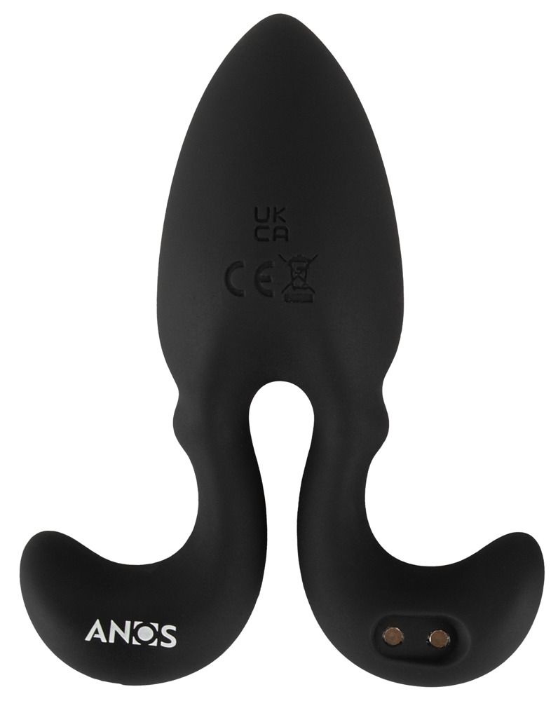 Rückseite eines schwarzen Analplugs mit flexiblen Armen. Enthält Markenzeichen, CE-Zeichen und Ladekontakte.