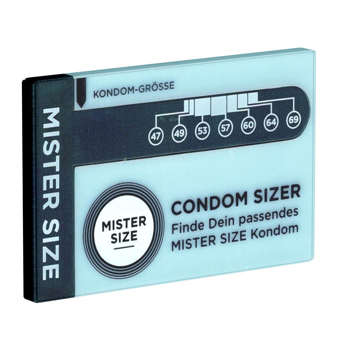 Mister Size Condom Sizer. Hellblaues Rechteck mit Größenangaben. Schwarze Schrift: Mister Size, Kondom-Größe, Größen 47-69.