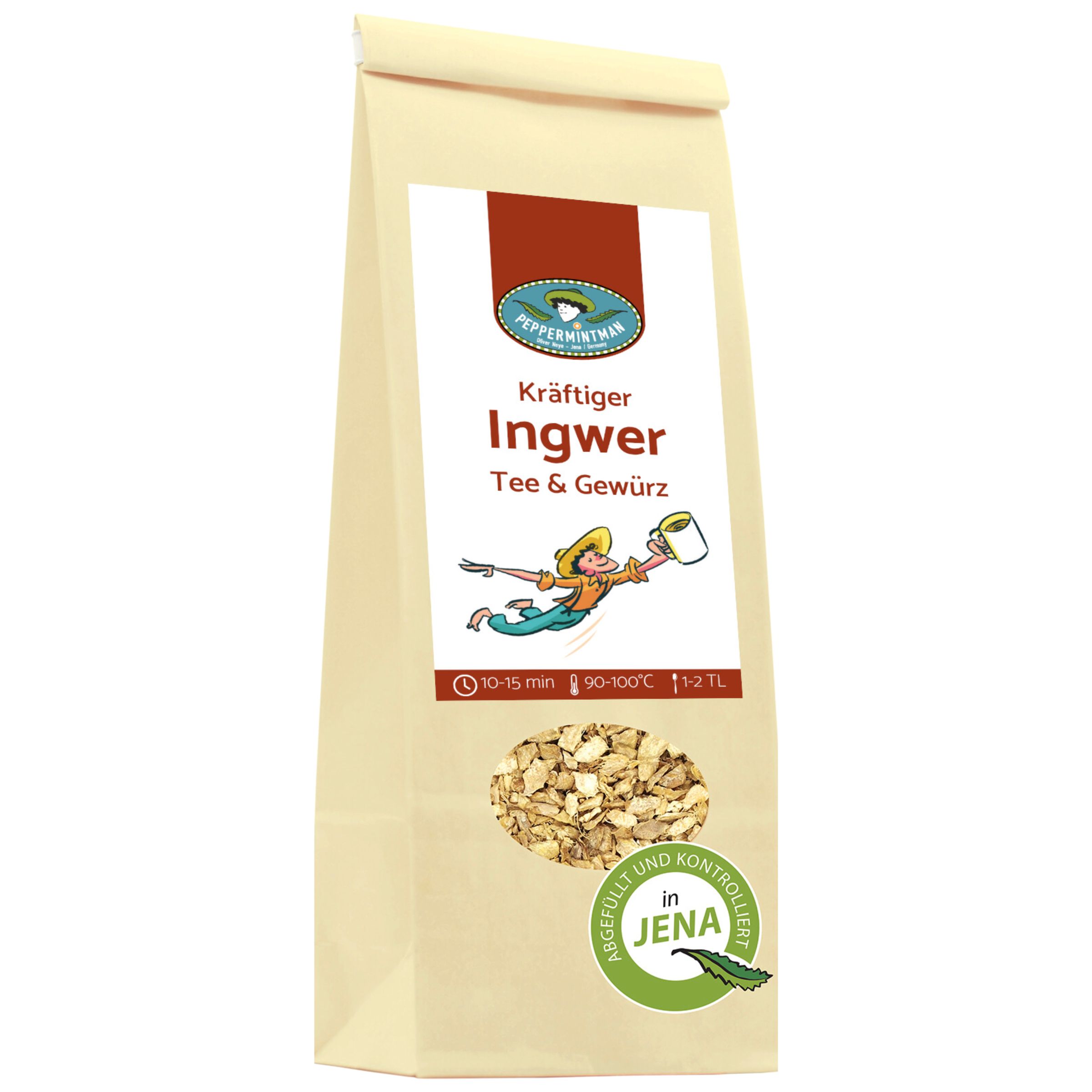 Beutel mit Ingwer-Tee. Sichtfenster mit Ingwerstücken. Logo und Text: PEPPERMINTMAN, Kräftiger Ingwer Tee & Gewürz. Siegel: Abgefüllt und kontrolliert in Jena.