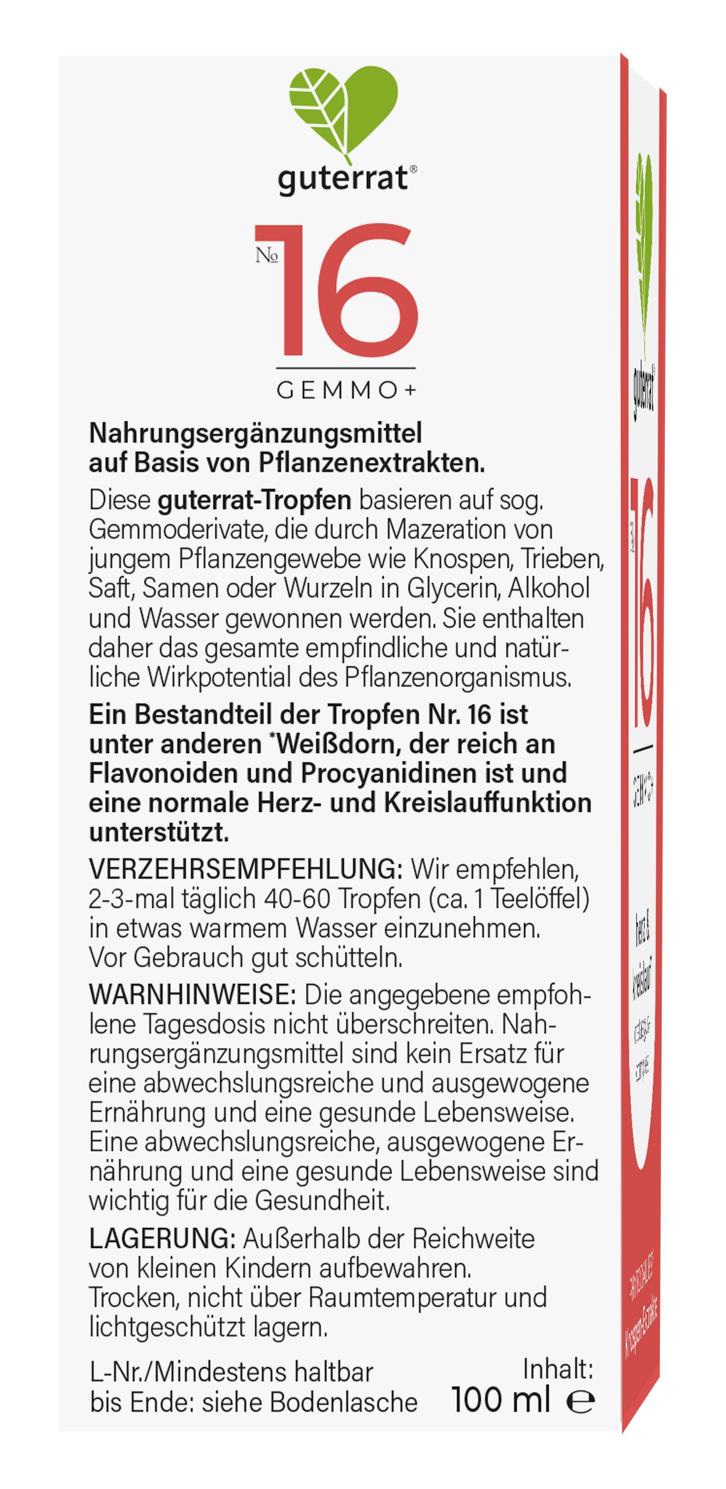 GUTERRAT Nr. 16 Herz- und Kreislauftropfen. Verpackung mit Text über die Anwendung und Inhaltsstoffe. Enthält 100 ml. Logo und Produktname sichtbar.