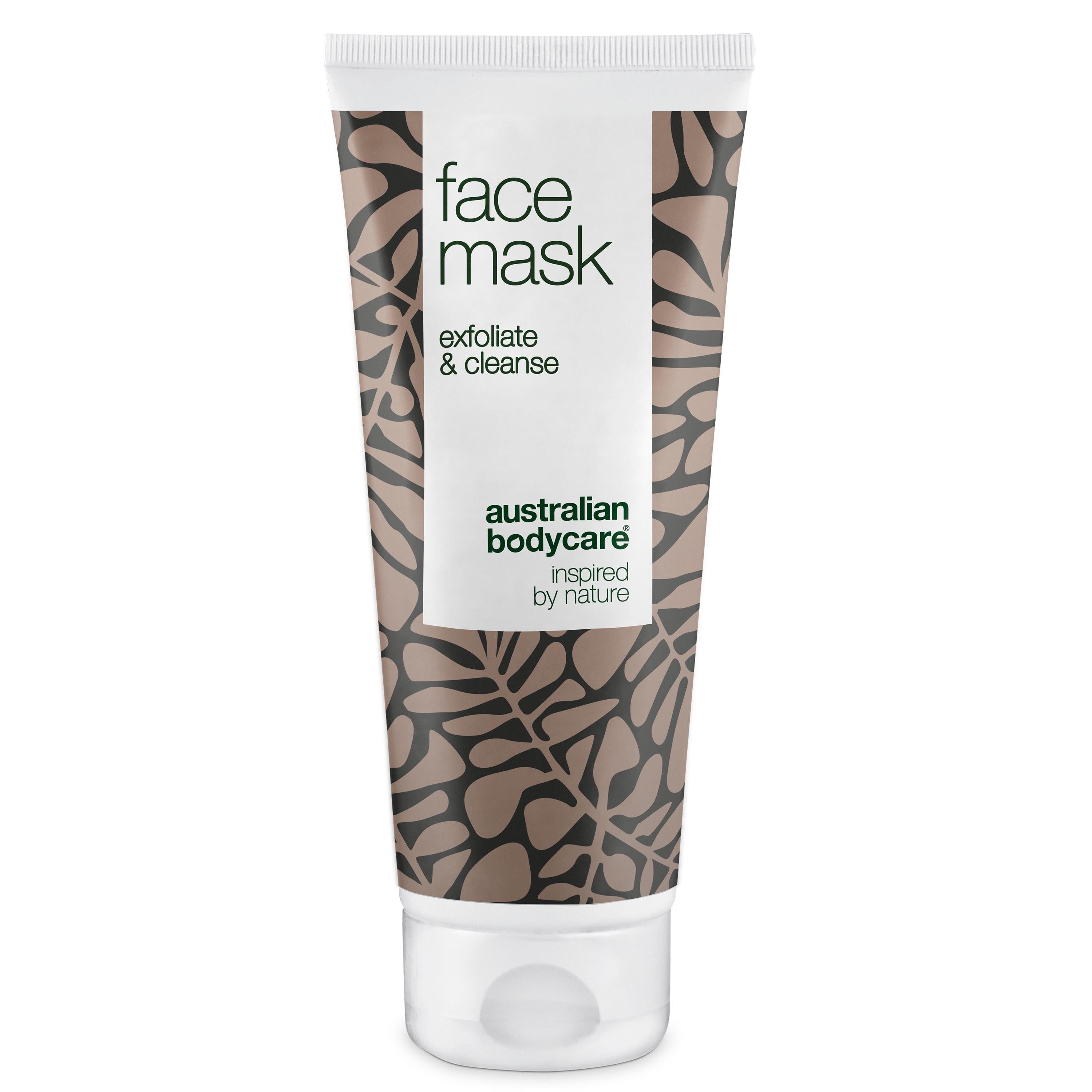 Gesichtsmaske-Tube, weißer Deckel, braunes Muster, Text: Face Mask, exfoliate & cleanse, Australian Bodycare.