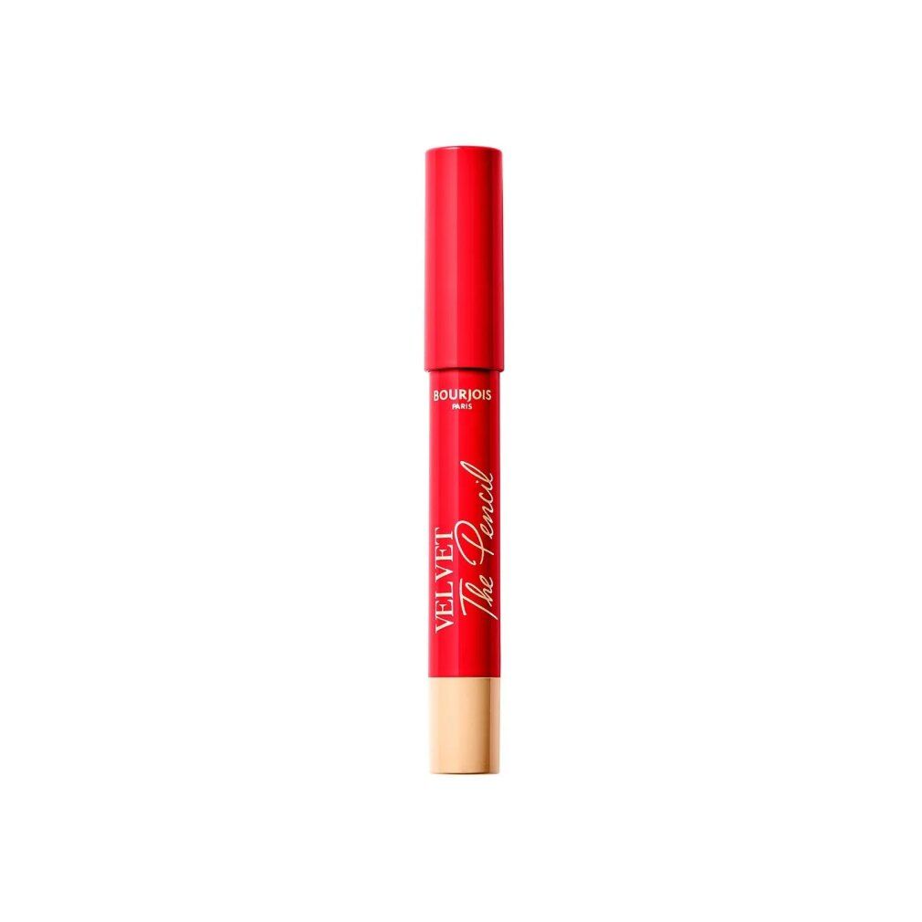 Roter Bourjois Velvet The Pencil Lippenstift. Mit roter Kappe und Schriftzug. Unterteil in Hautfarbe.