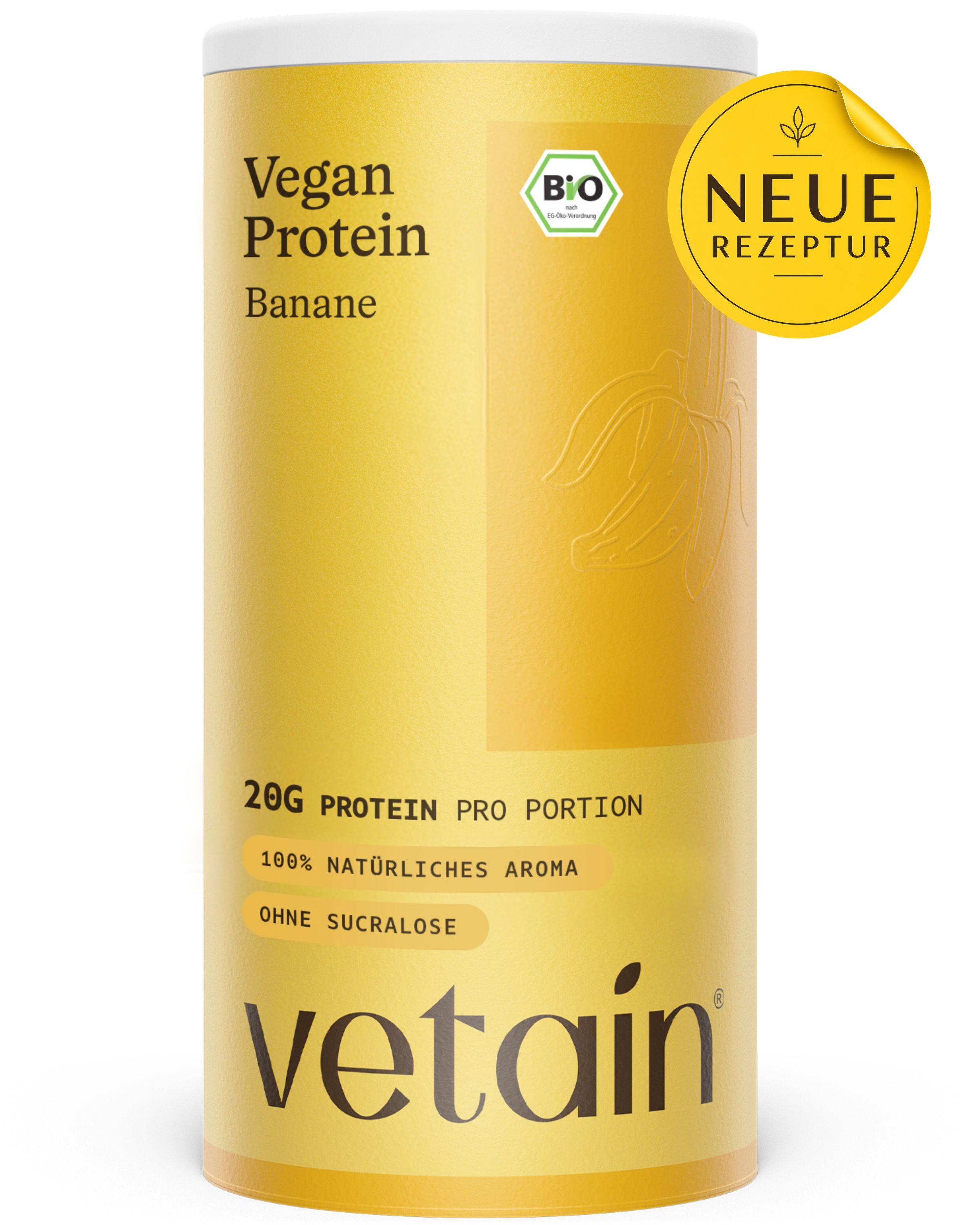 Gelbe Dose mit Vegan Protein Banane. Text: 20G Protein pro Portion, 100% natürliches Aroma, Ohne Sucralose. Vetain Logo.