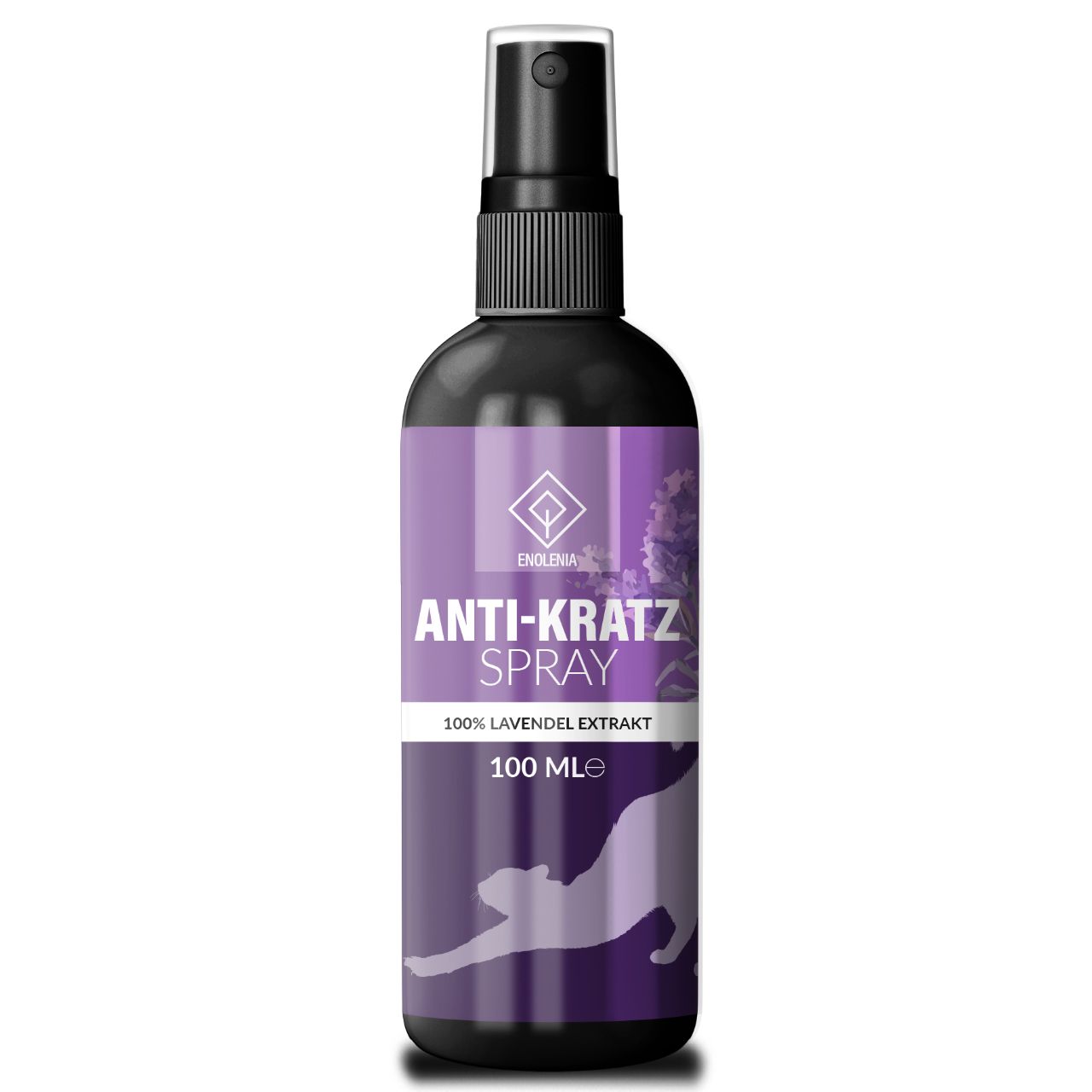 Schwarze Sprühflasche mit lila Etikett. Aufschrift: ANTI-KRATZ SPRAY, 100% Lavendelextrakt. Katzen-Silhouette.