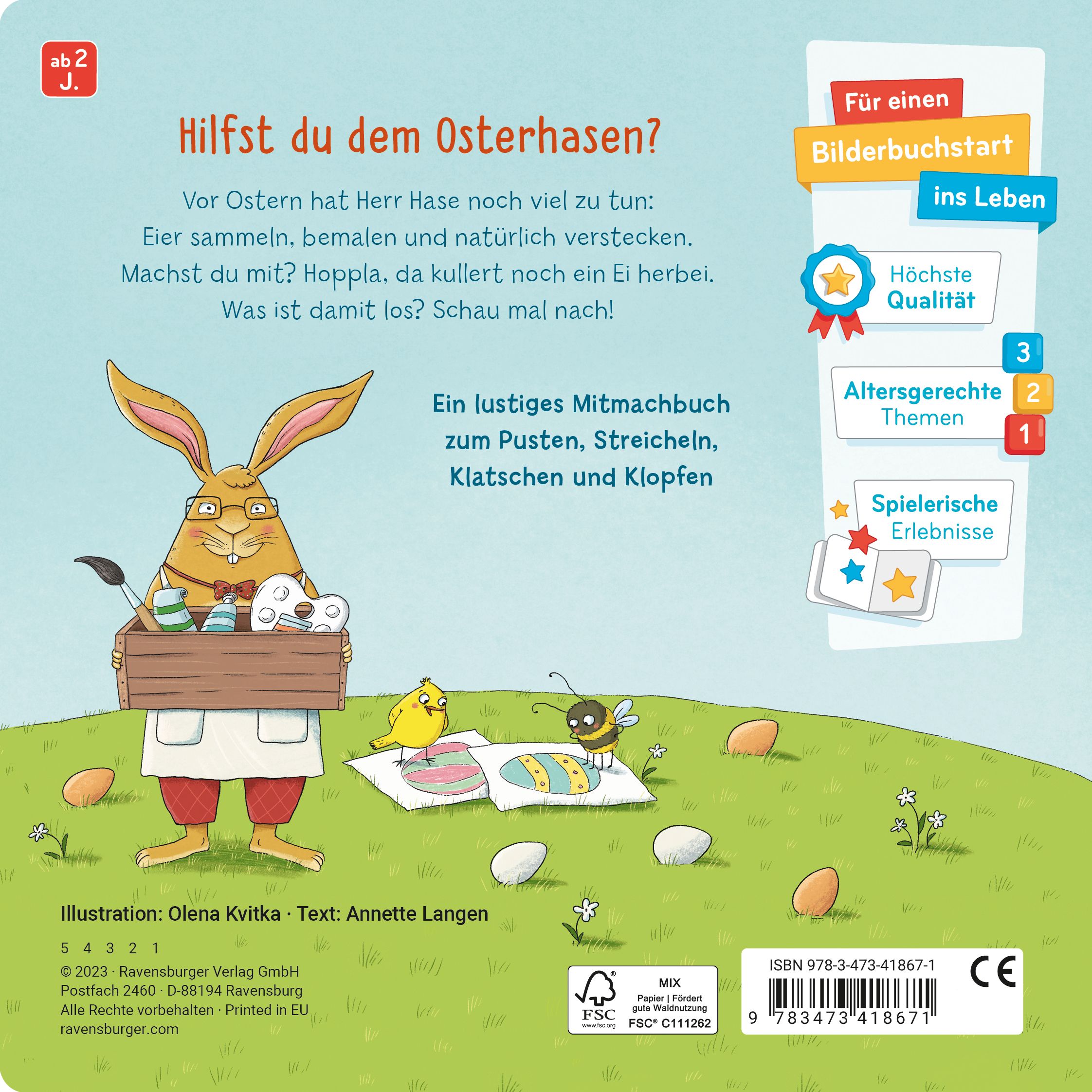 Rückseite des Buches "Stups Herrn Hase auf die Nase". Illustration: Hase mit Pinsel und Küken. Text und Ostereier auf grünem Hintergrund.
