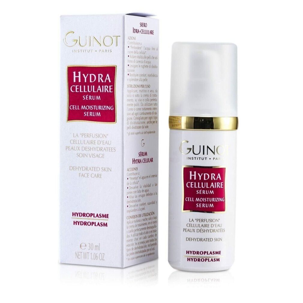 Serumflasche und Verpackung. Aufschrift: Guinot, Hydra Cellulaire Serum. Für dehydrierte Haut. 30 ml.