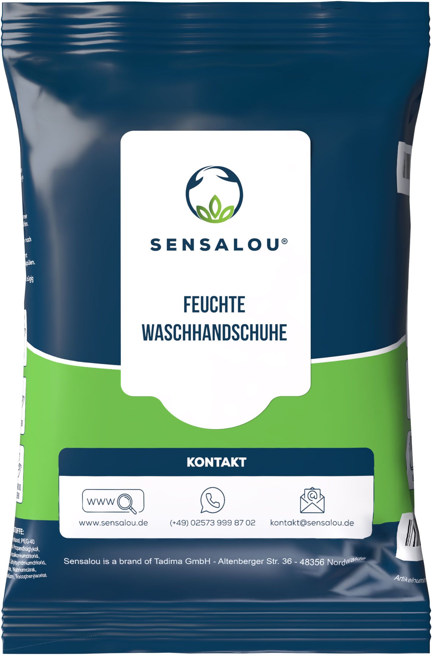 Verpackung von Sensalou Feuchte Waschhandschuhe. Blau-grüne Folienverpackung mit Produktnamen und Kontaktinformationen.