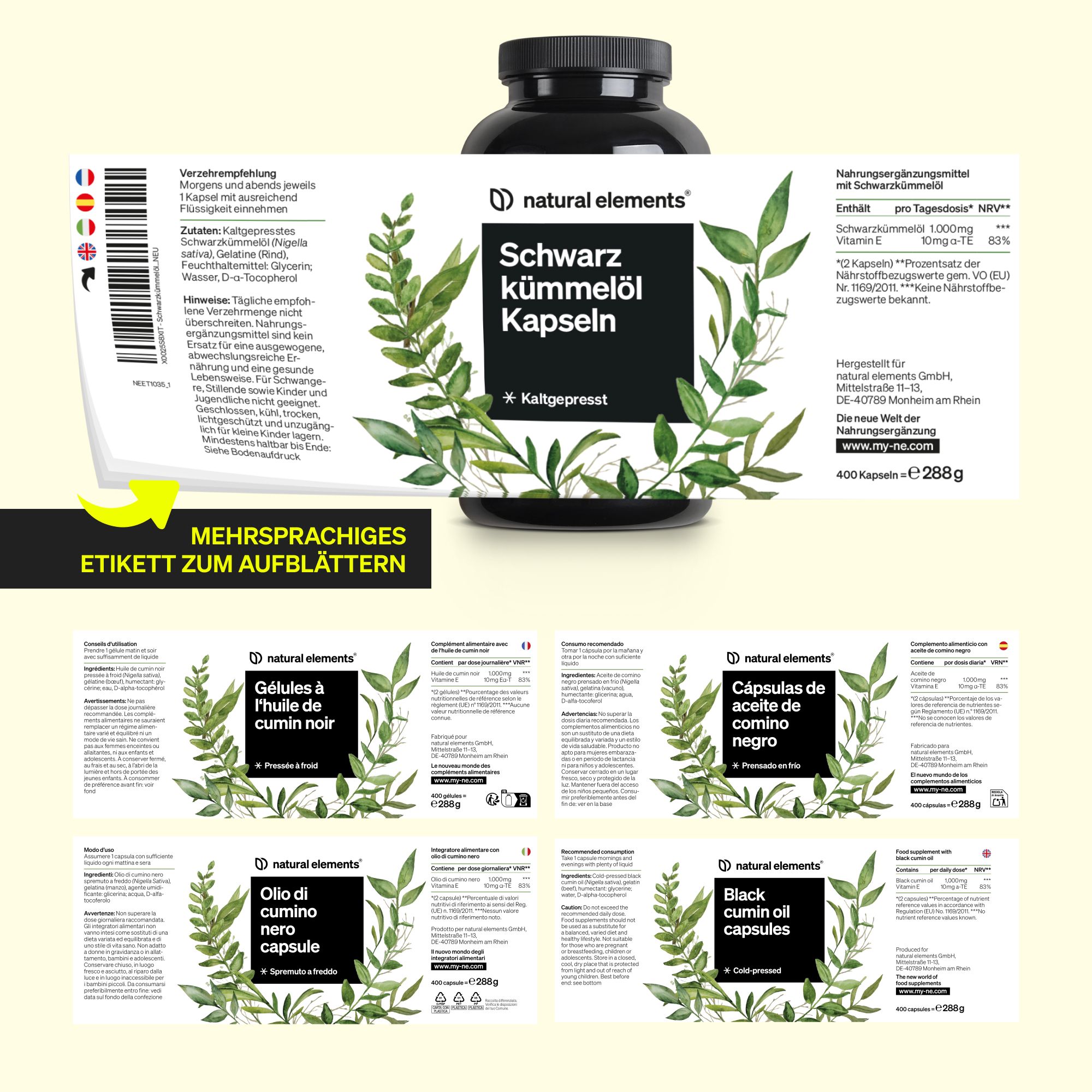 Schwarze Flasche mit mehrsprachigem Etikett. Aufschrift: natural elements Schwarzkümmelöl Kapseln. Mehrere Etiketten in verschiedenen Sprachen.