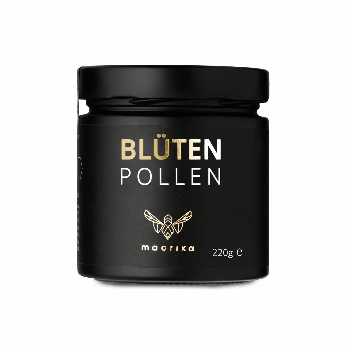 Schwarzes Glas mit goldfarbenem Deckel. Aufschrift: BLÜTEN POLLEN, Logo, maorika, 220g e.
