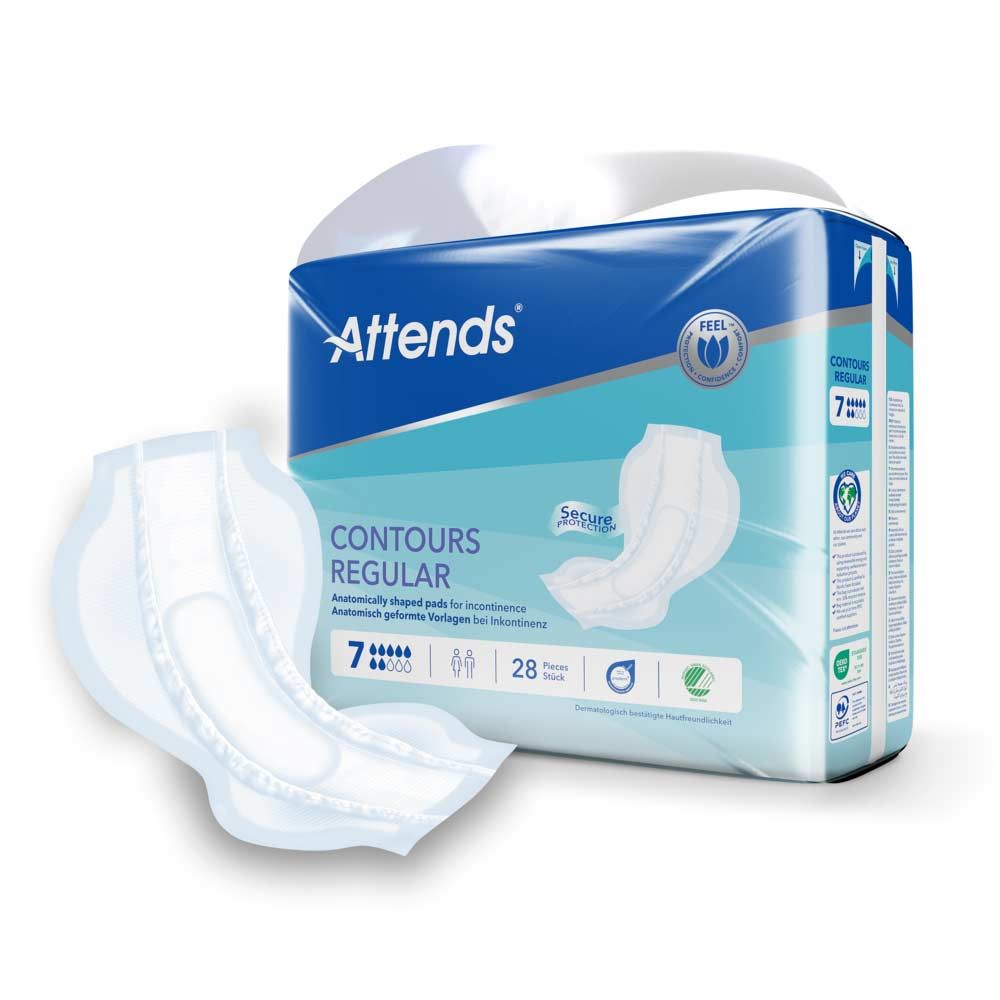 Attends Contours Regular 7. Anatomisch geformte Vorlagen. Packung und einzelne Vorlagen. Produktabbildung mit Logo und Produktbezeichnung.