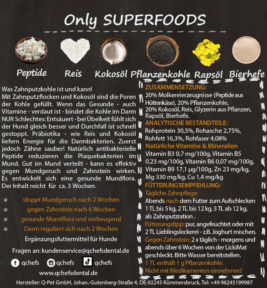 Text-Infografik: Only Superfoods. Inhaltsstoffe, Zusammensetzung, analytische Bestandteile, Fütterungsempfehlung. Text und Produktabbildungen.