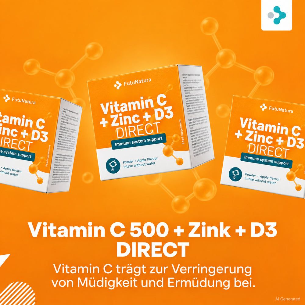 FutuNatura Vitamin C + Zink + D3 DIRECT Packungen auf orangefarbenem Hintergrund.