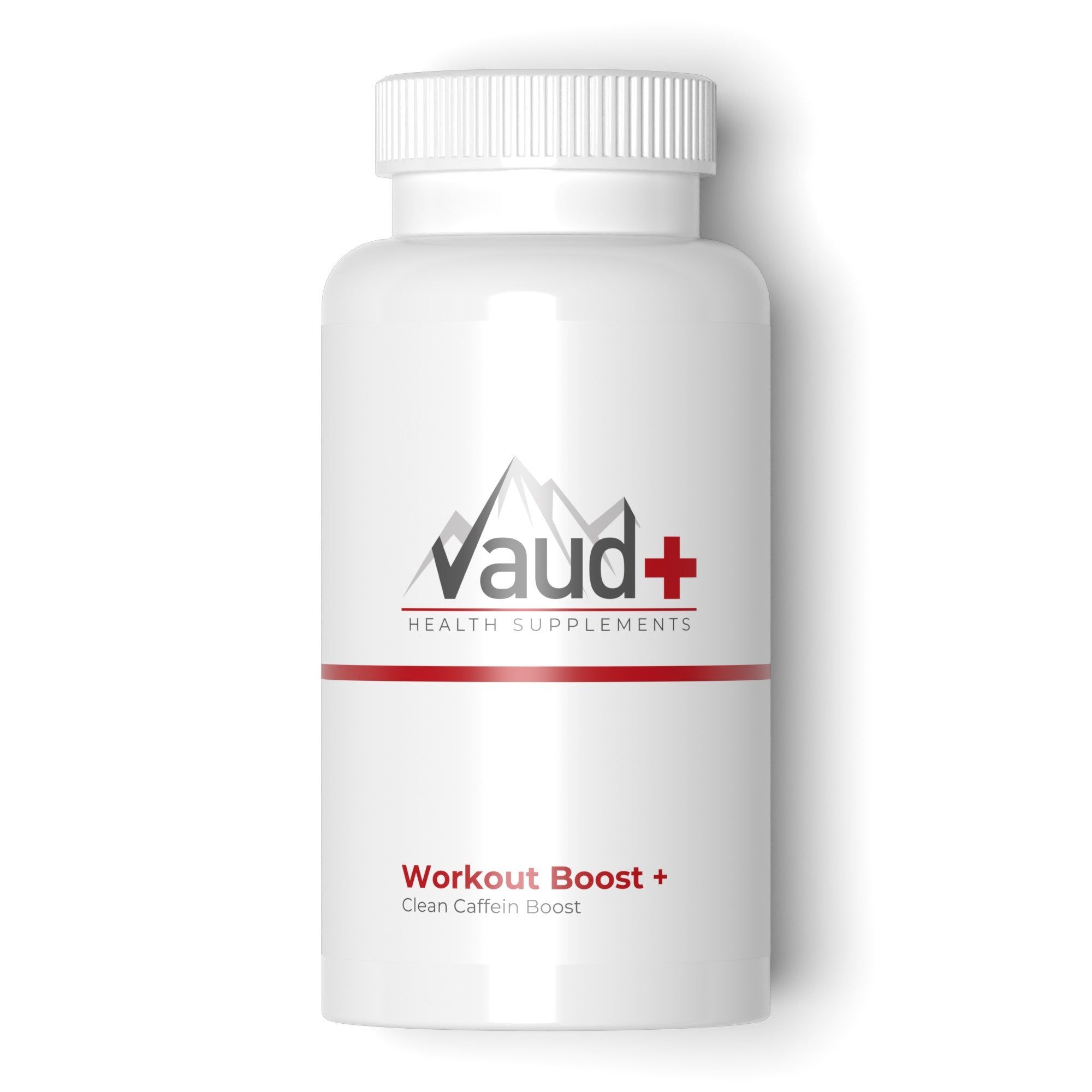 Weiße Dose mit Vaud+ Logo, Text 'Workout Boost + Clean Caffein Boost'.