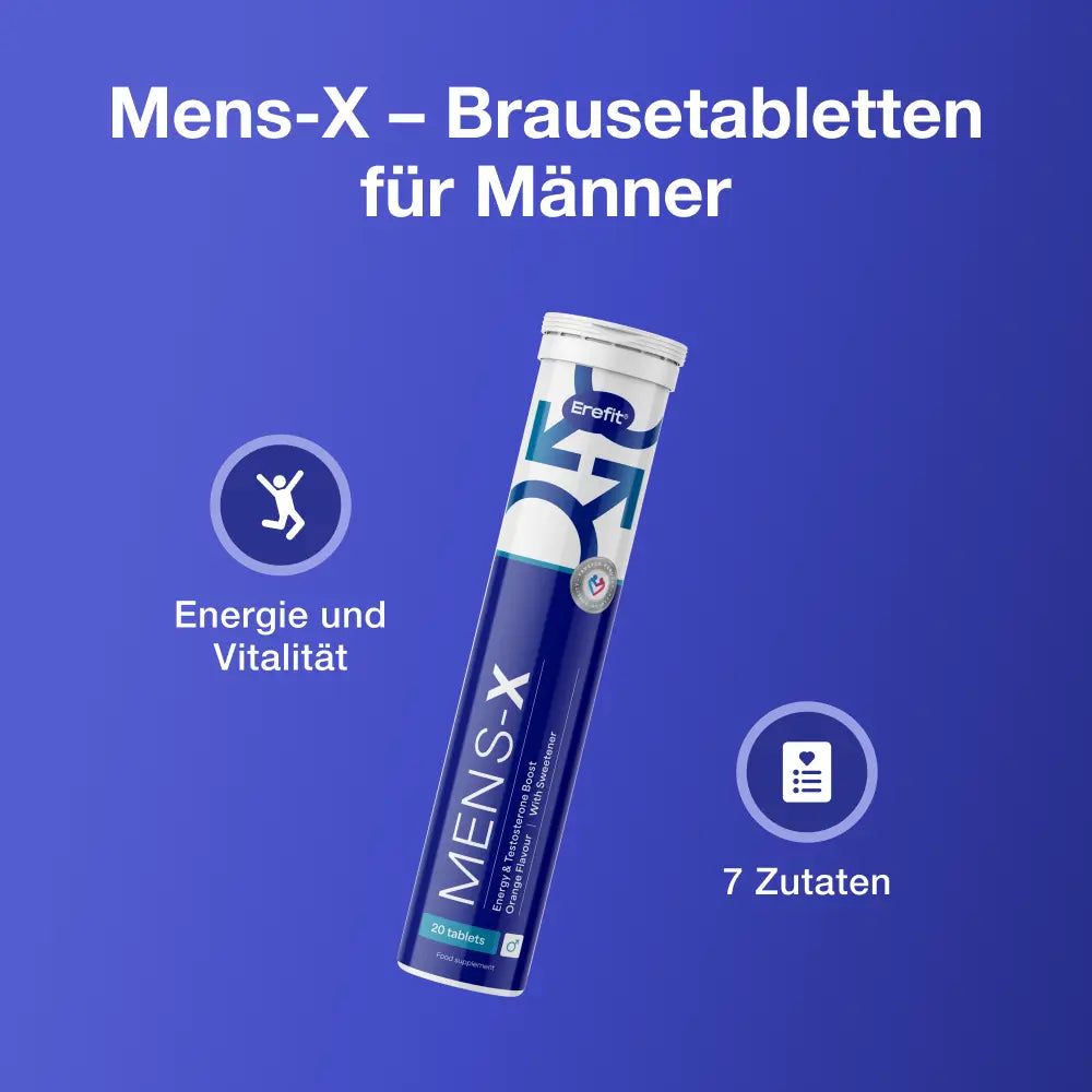 Erefit Mens-X Tube auf blauem Hintergrund. Text: Mens-X - Brausetabletten für Männer. Symbole: Energie, Vitalität, 7 Zutaten.