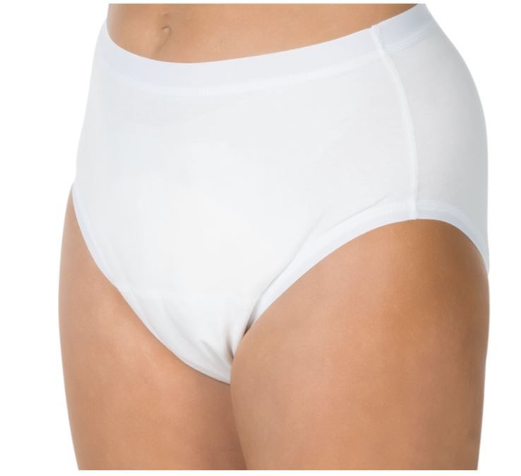Weißer Inkontinenz-Slip. Seitliche Ansicht. Elastischer Bund. Baumwollstoff. Für Damen.