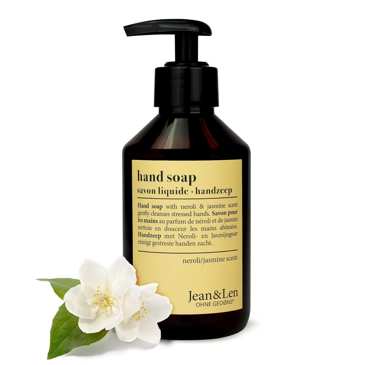 Braune Flasche Handseife mit schwarzem Pumpkopf. Beschriftung: Hand Soap, Neroli & Jasmin Duft, Jean & Len. Mit Jasminblüte.