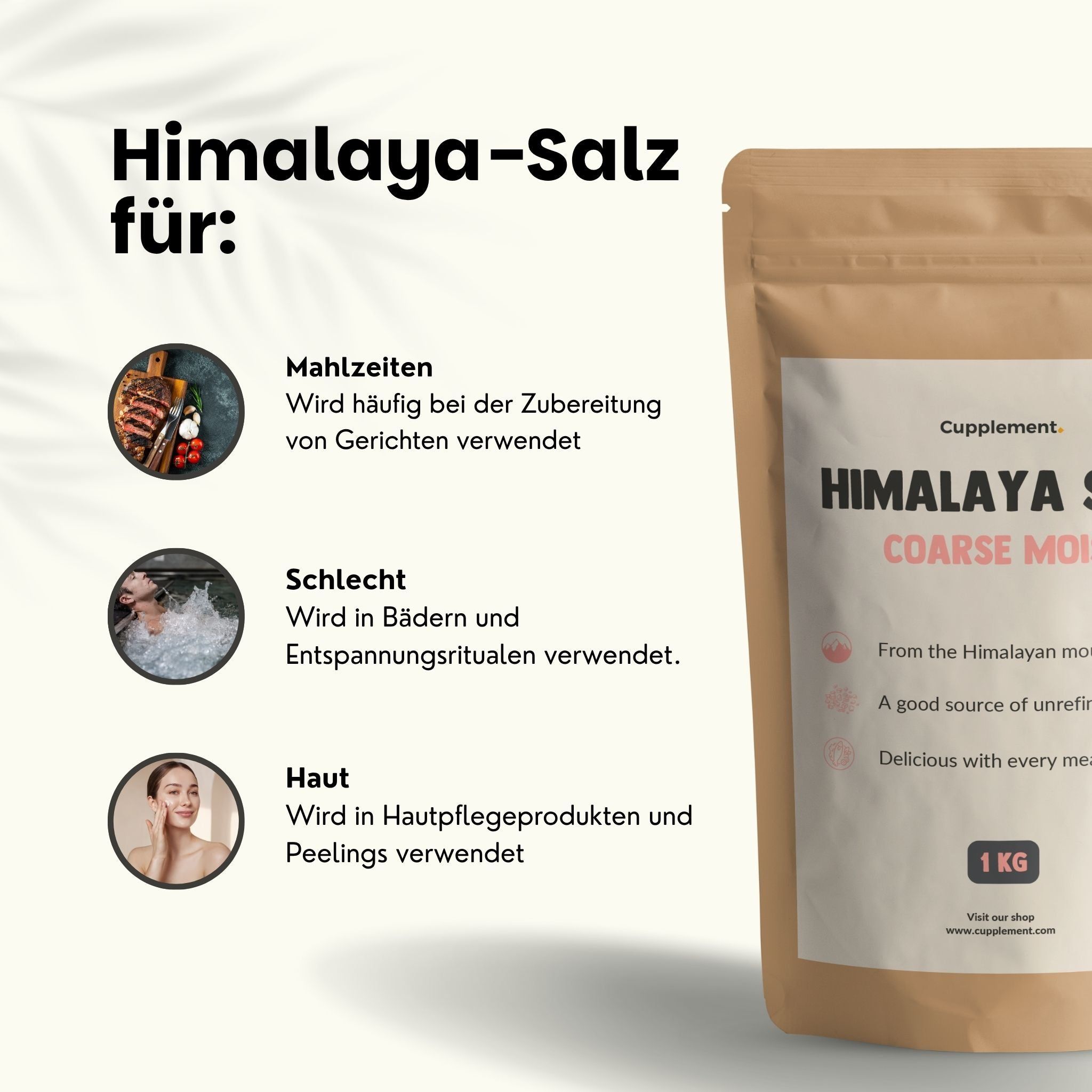 Beutel mit Himalaya-Salz, grob, feucht. Text: Cupplement, Himalaya Salt, 1 kg. Für Mahlzeiten, Bad, Haut.