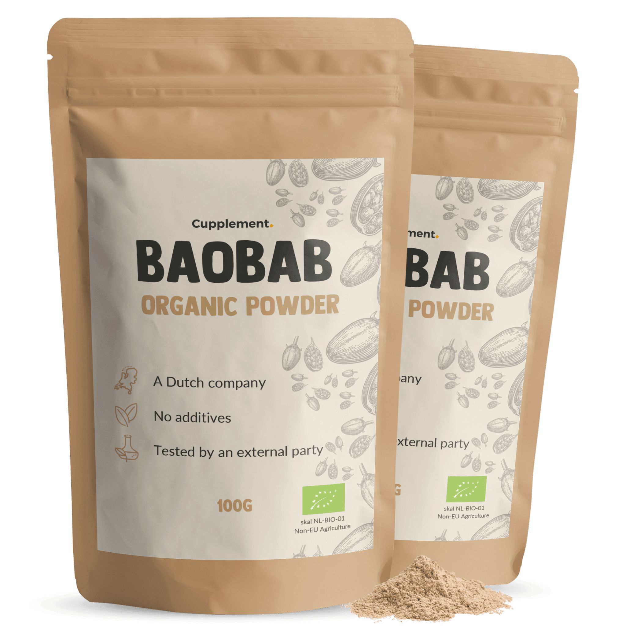 Zwei braune Beutel mit Baobab Bio Pulver, einer davon geöffnet, daneben etwas Pulver.