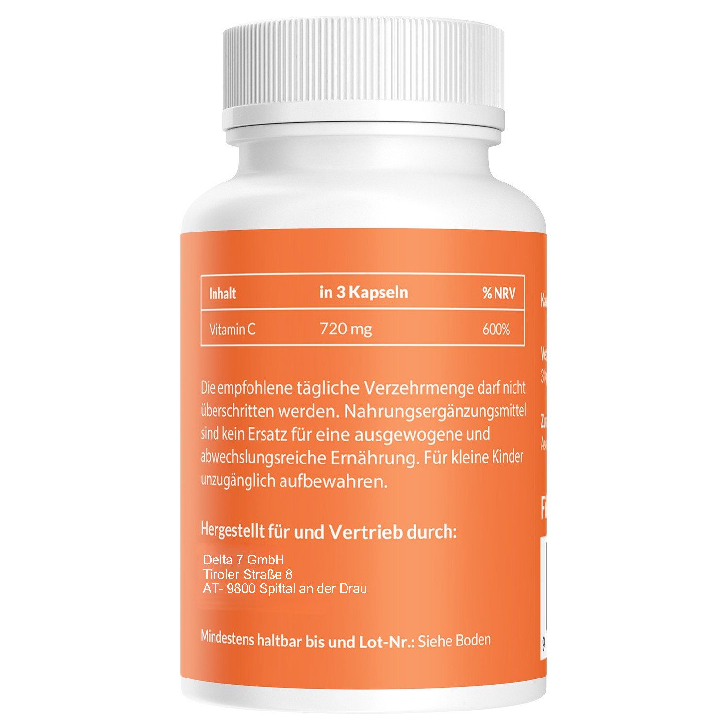 Rückseite einer weißen Flasche mit Vitamin C Kapseln. Orangefarbenes Etikett mit Text: Vitamin C, 720 mg, 600% NRV. Herstellerinformationen.