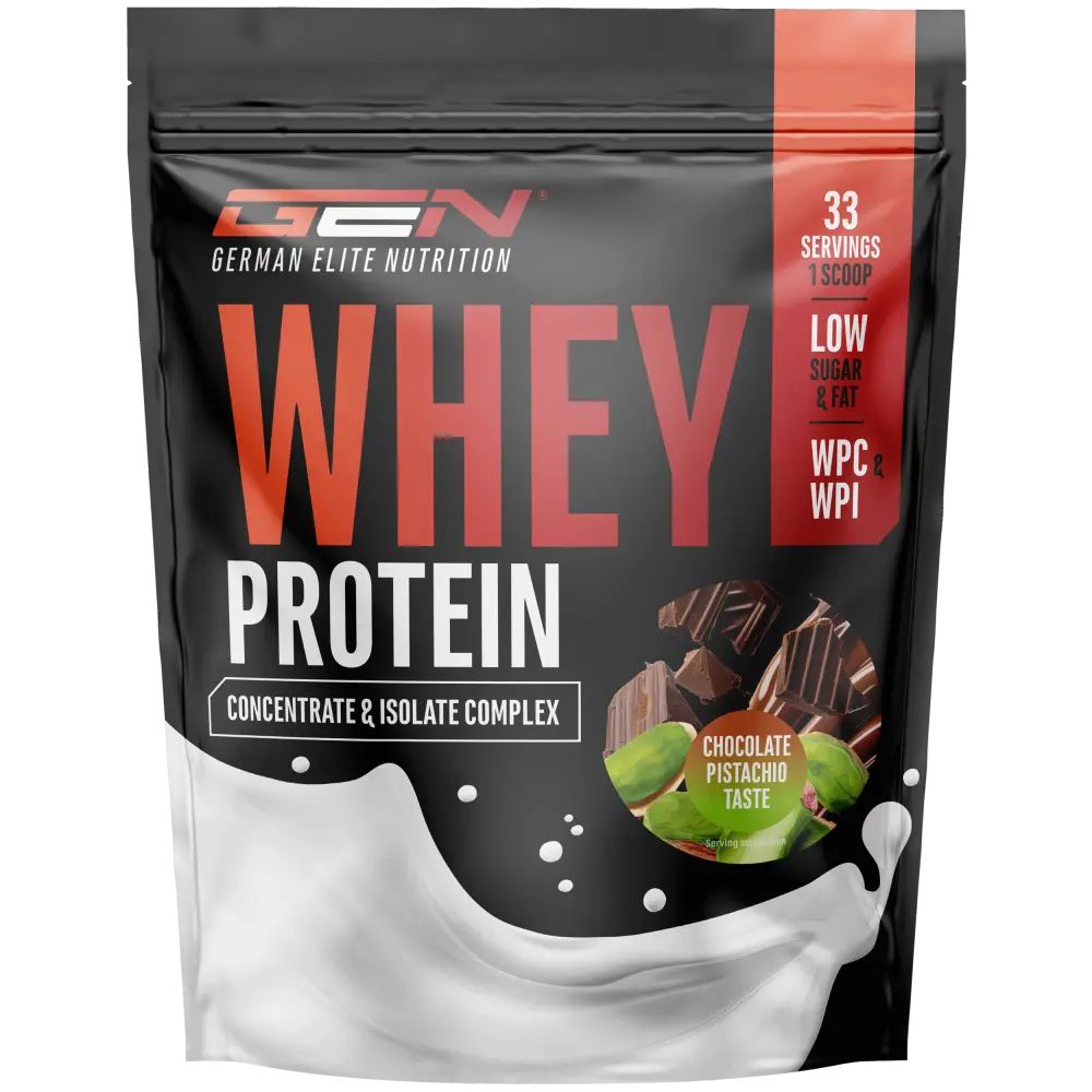 Schwarze Tüte mit GEN Whey Protein. Aufschrift: Whey Protein, Konzentrat & Isolat Komplex. Geschmack: Schoko-Pistazie.