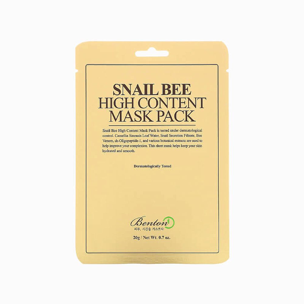 Gesichtsmaske in goldfarbener Verpackung. Text: Snail Bee High Content Mask Pack. Marke: Benton. Dermatologisch getestet.
