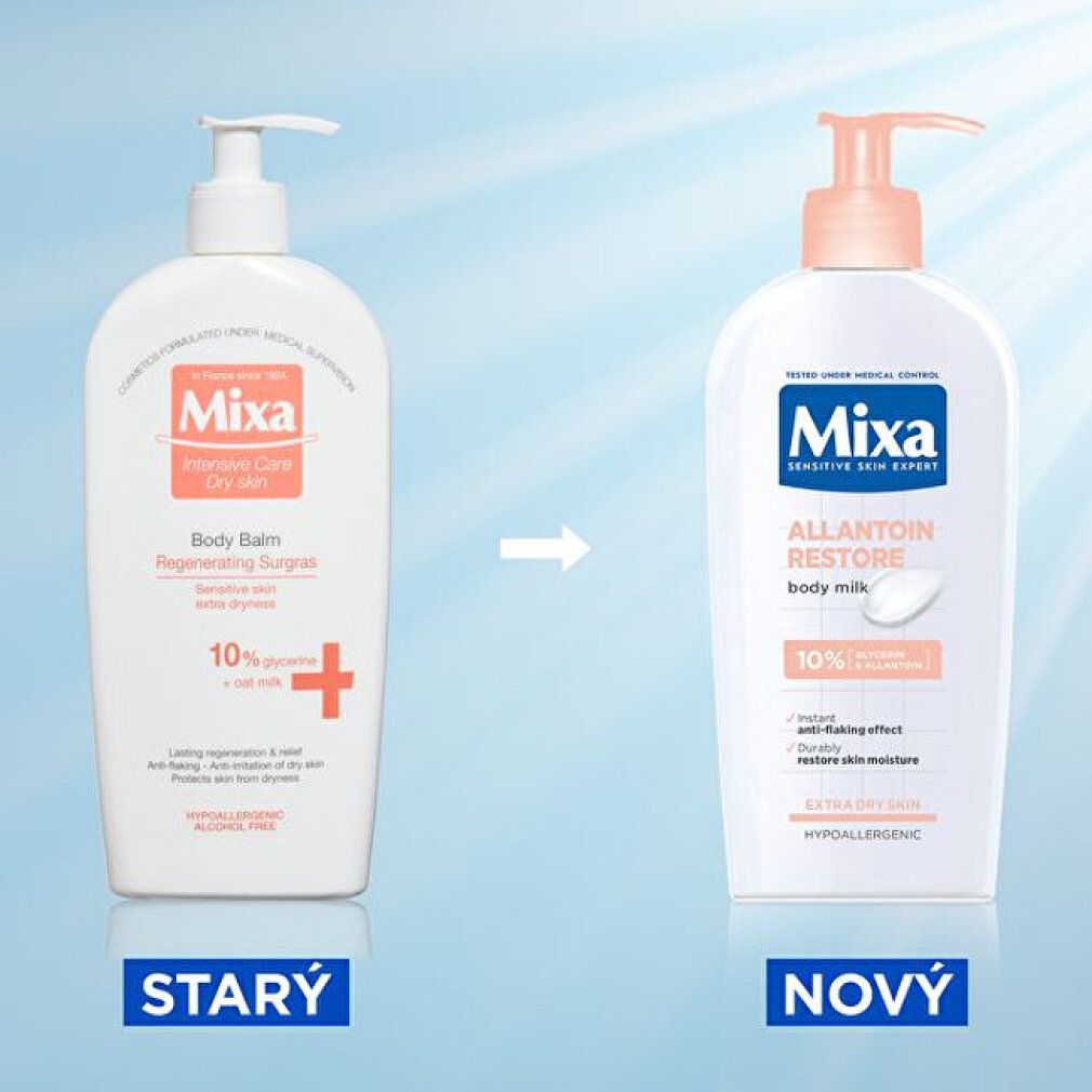 Zwei Flaschen: Mixa Body Balm und Mixa Allantoin Restore Body Milk. Text: STARÝ und NOVÝ.