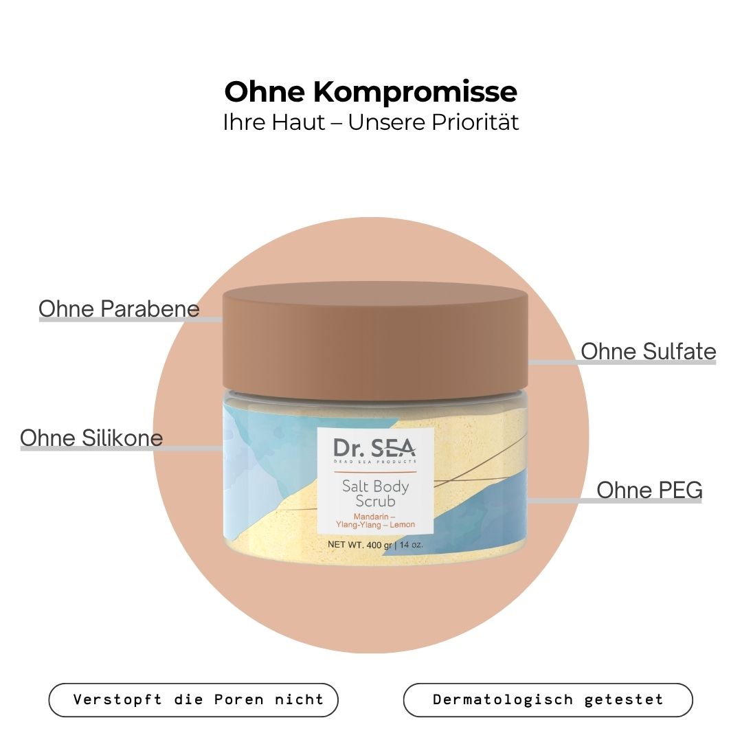 Körperpeeling-Behälter mit Produktinformationen. Text: Ohne Parabene, Silikone, Sulfate, PEG. Dermatologisch getestet.