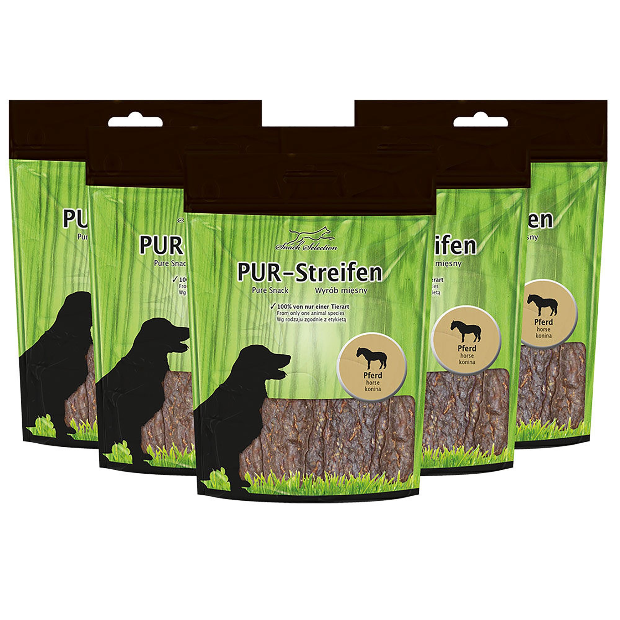 Mehrere Beutel mit PUR-Streifen. Aufdrucke: Hundesilhouette, Pferd-Symbol, Text. Produkt: Dörrfleisch aus Pferd.