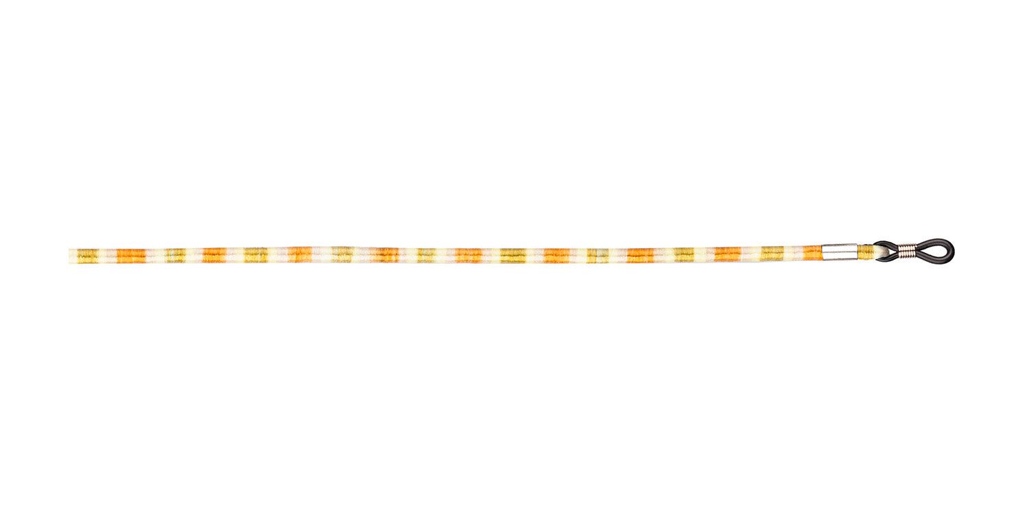 Brillenband mit gelb-weißem Muster. Enden mit Schlaufen zur Befestigung an Brillenbügeln. Metallverbindungen.