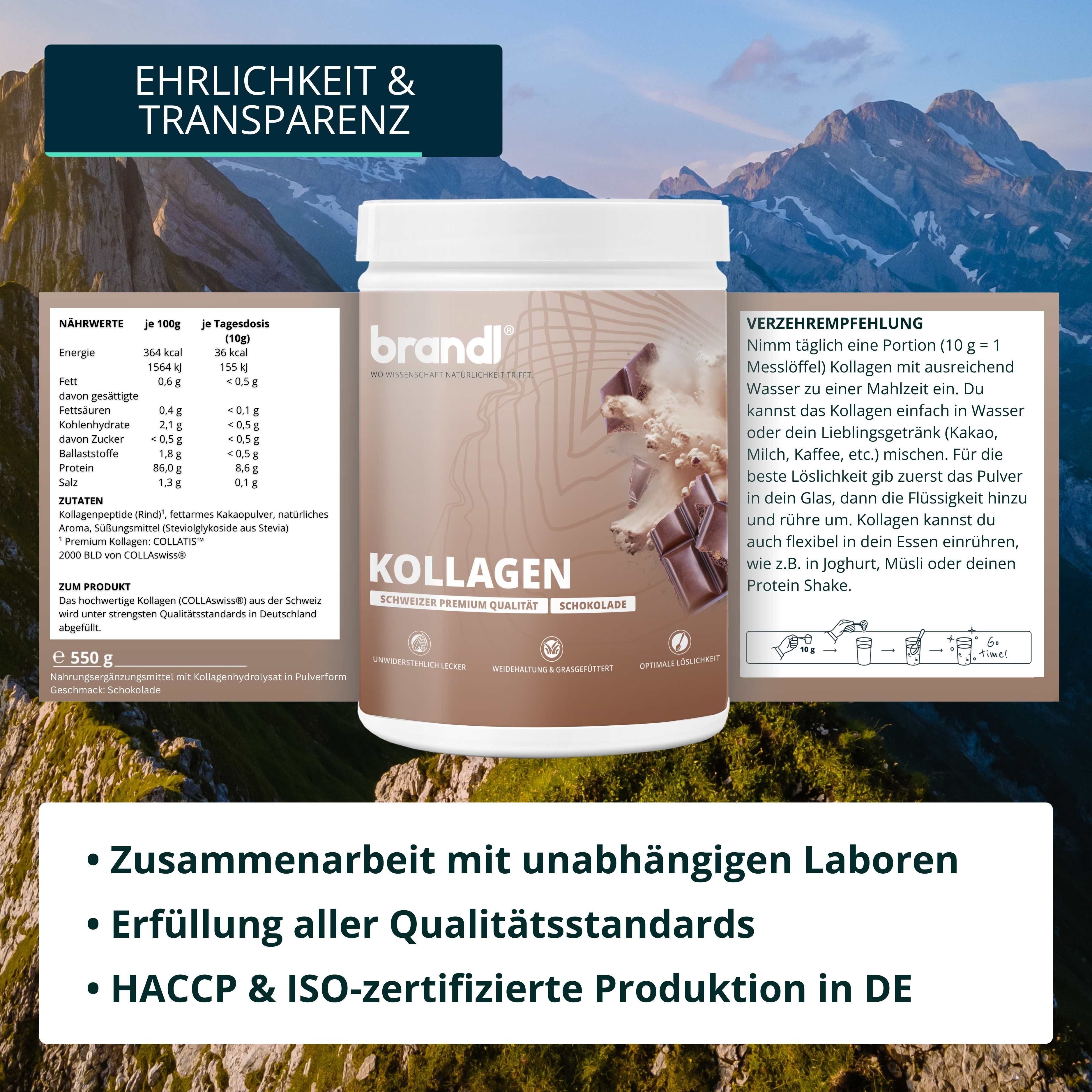 Produktglas mit Etikett. Text: Kollagen. Nährwertangaben. Verzehrempfehlung. Hintergrund: Berge.