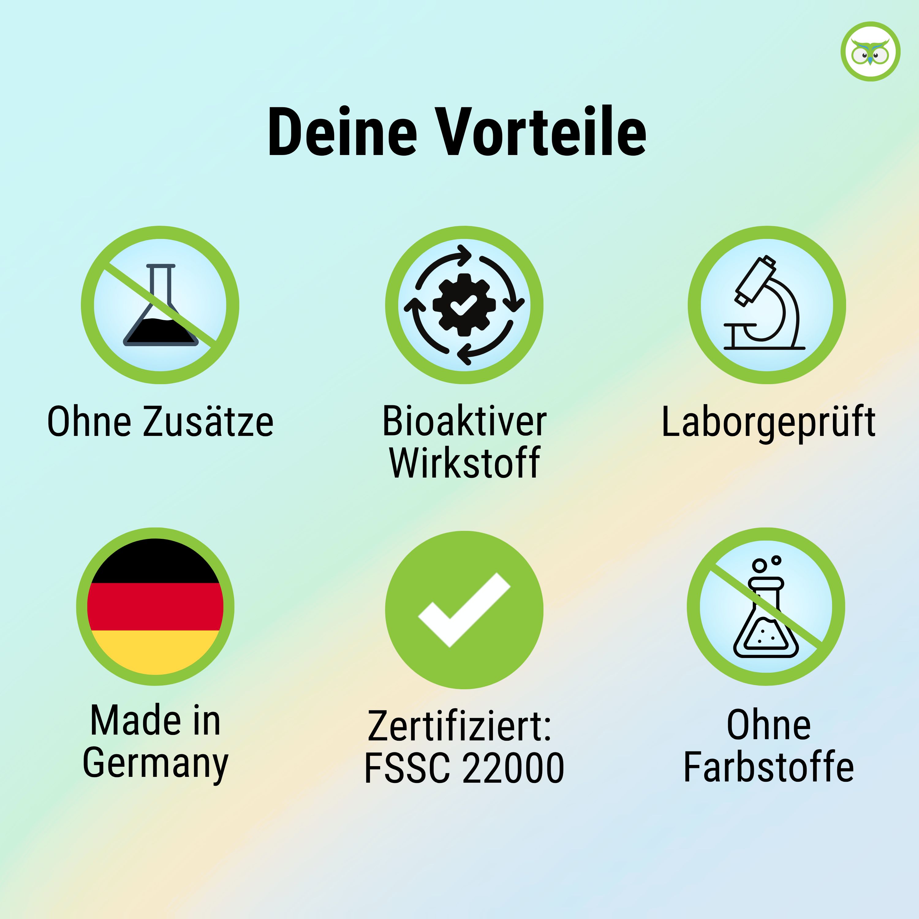 Grafik mit Icons. Ohne Zusätze, Bioaktiver Wirkstoff, Laborgeprüft, Made in Germany, Zertifiziert: FSSC 22000, Ohne Farbstoffe.