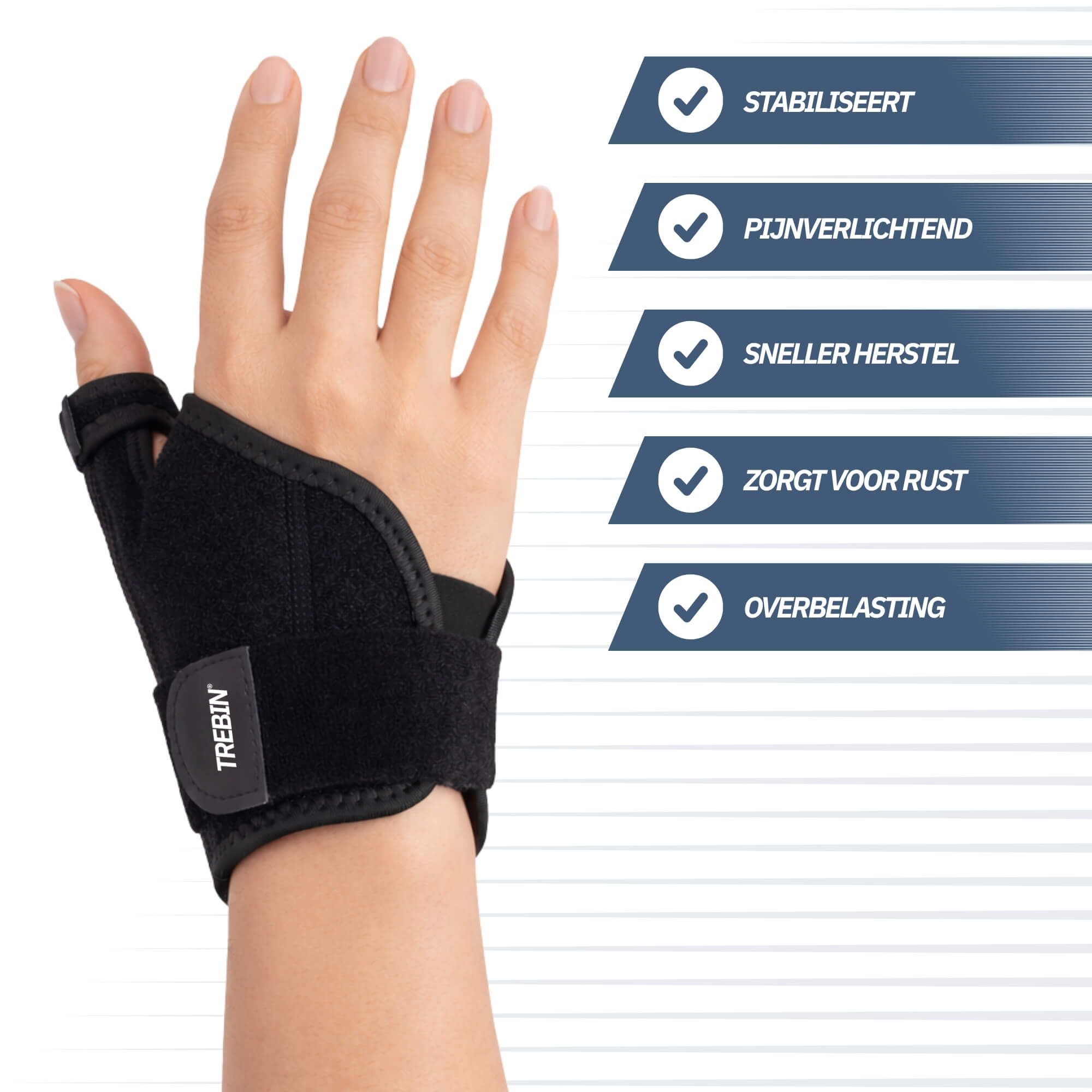 Detailansicht einer schwarzen Daumenbandage mit Hervorhebung von Klettverschluss, Nähten und atmungsaktivem Material.