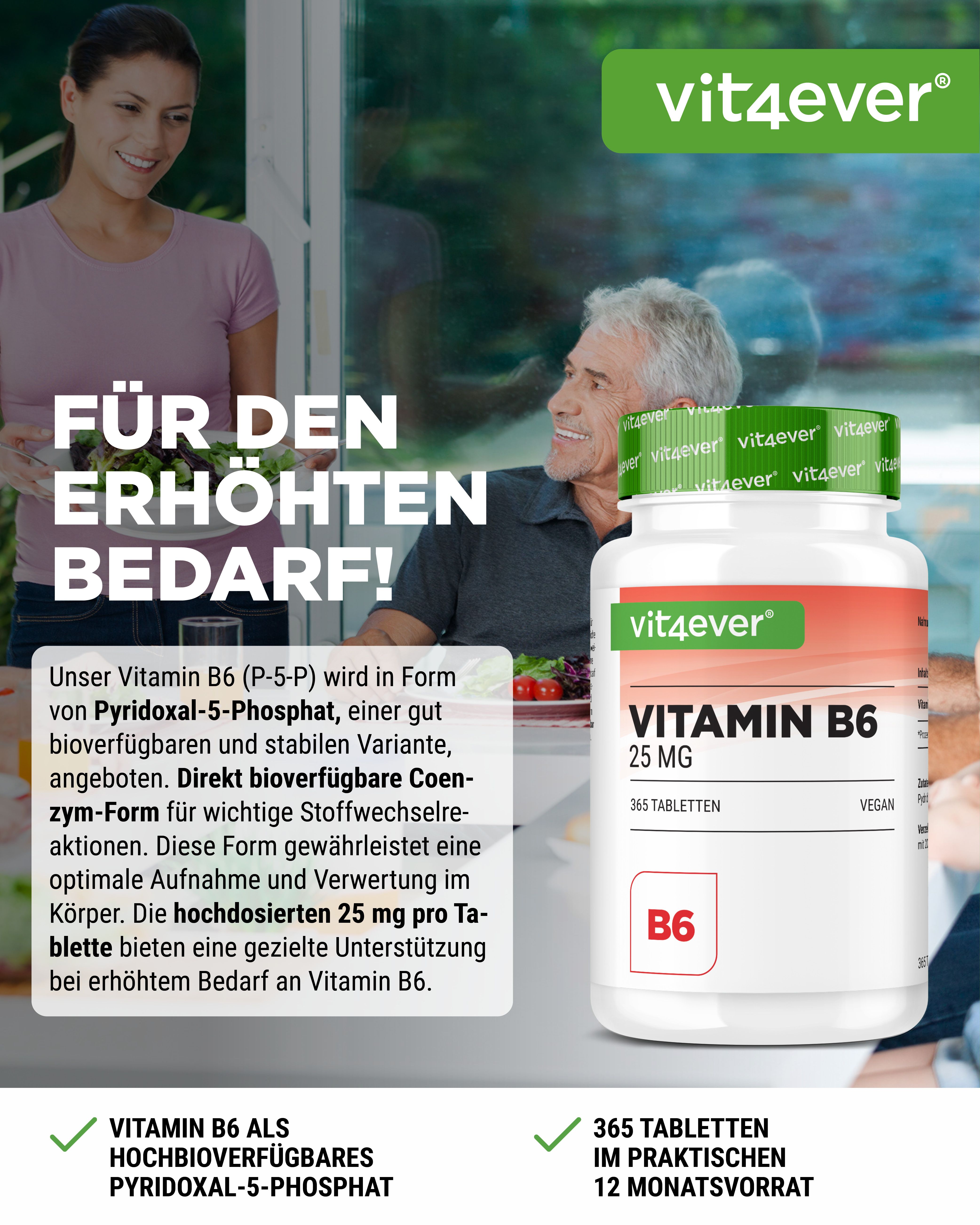 Weißes Pillenfläschchen mit grünem Deckel. Aufschrift: Vitamin B6 25 mg, 365 Tabletten. Vegan. Vit4ever Logo.