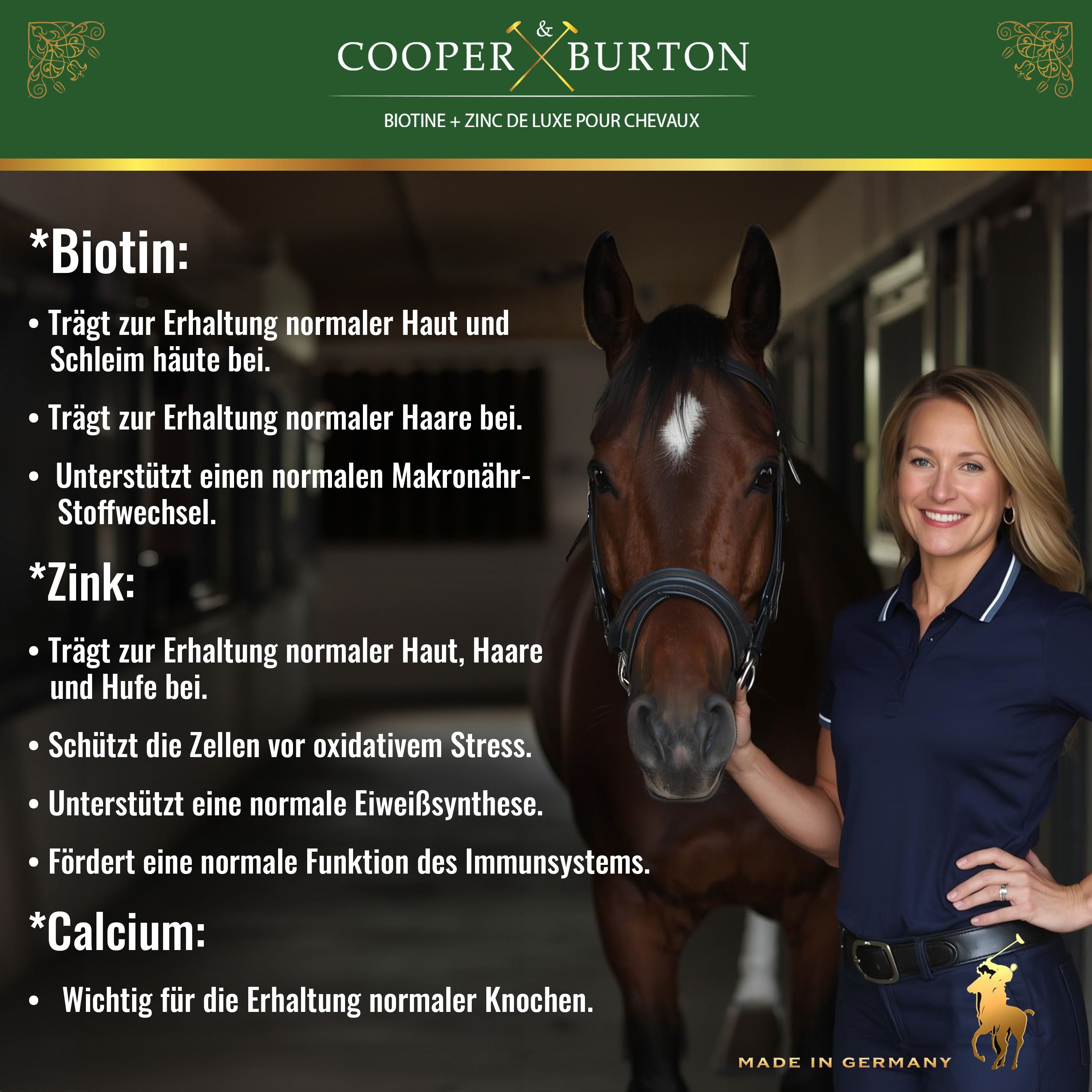 Frau mit Pferd. Text: Biotin, Zink, Calcium. COOPER & BURTON Logo. Made in Germany.