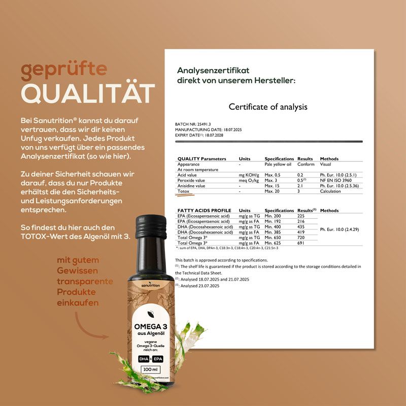 Braune Glasflasche mit Etikett. Sanutrition Omega 3 aus Algenöl, vegan. DHA & EPA. 100 ml. Analyse Zertifikat. Brauner Hintergrund.