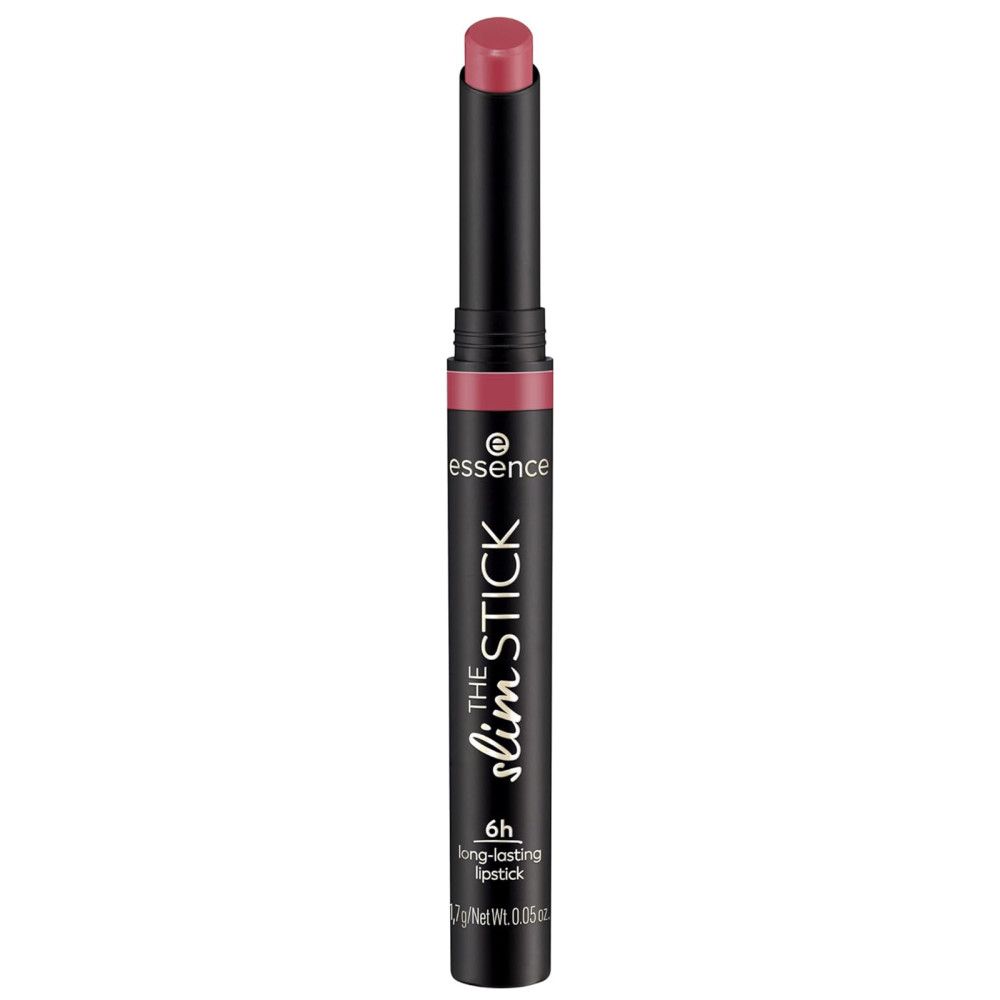 Essence The Slim Stick Lippenstift. Schwarze Hülse, rosa Lippenstift. Aufschrift: 6h long-lasting lipstick. Marke Essence.