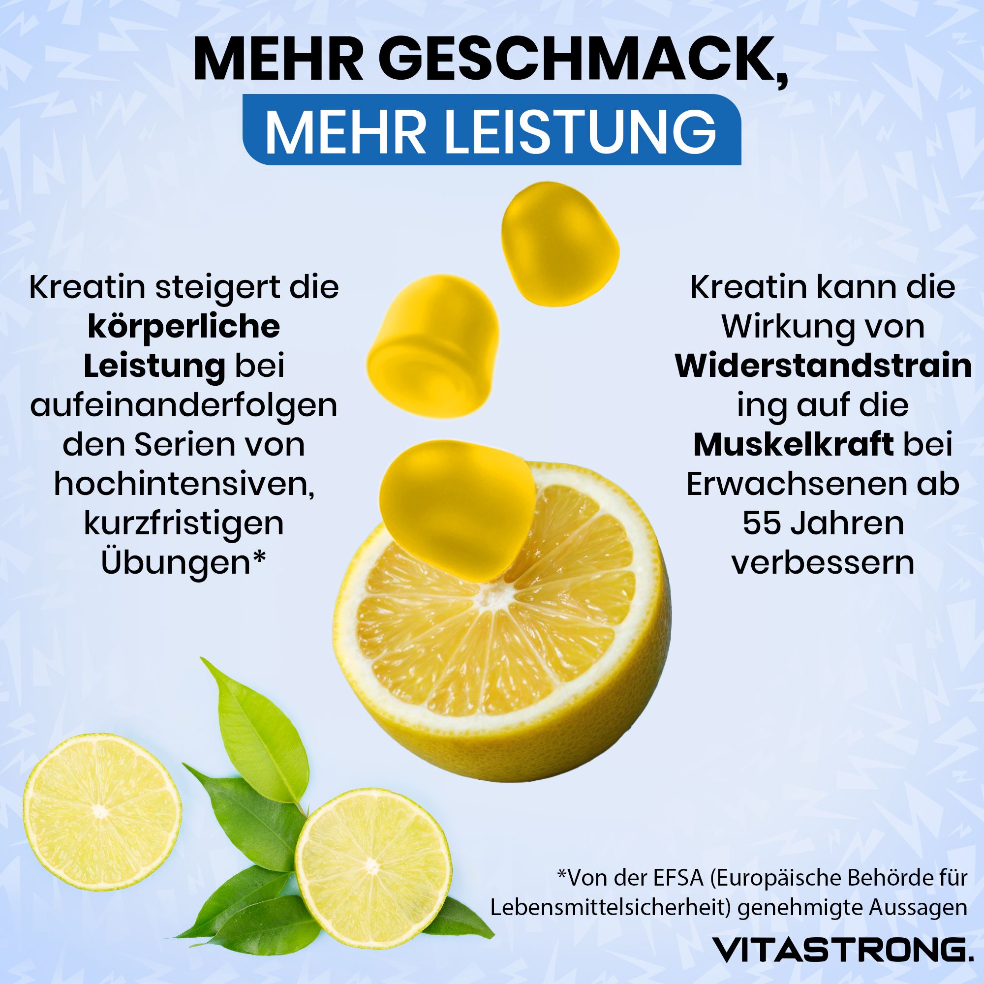 Zitronen und Kreatin-Gummis. Text: Kreatin erhöht die körperliche Leistungsfähigkeit bei intensiven Übungen. EFSA-Aussage.