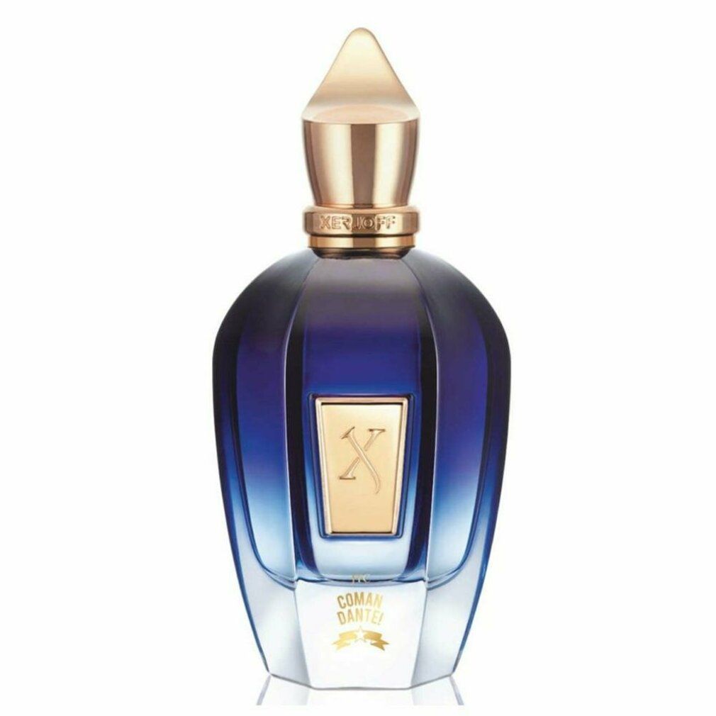 Blaues Xerjoff Comandante Eau de Parfum mit goldener Kappe. Goldfarbenes Logo auf dem Flakon.