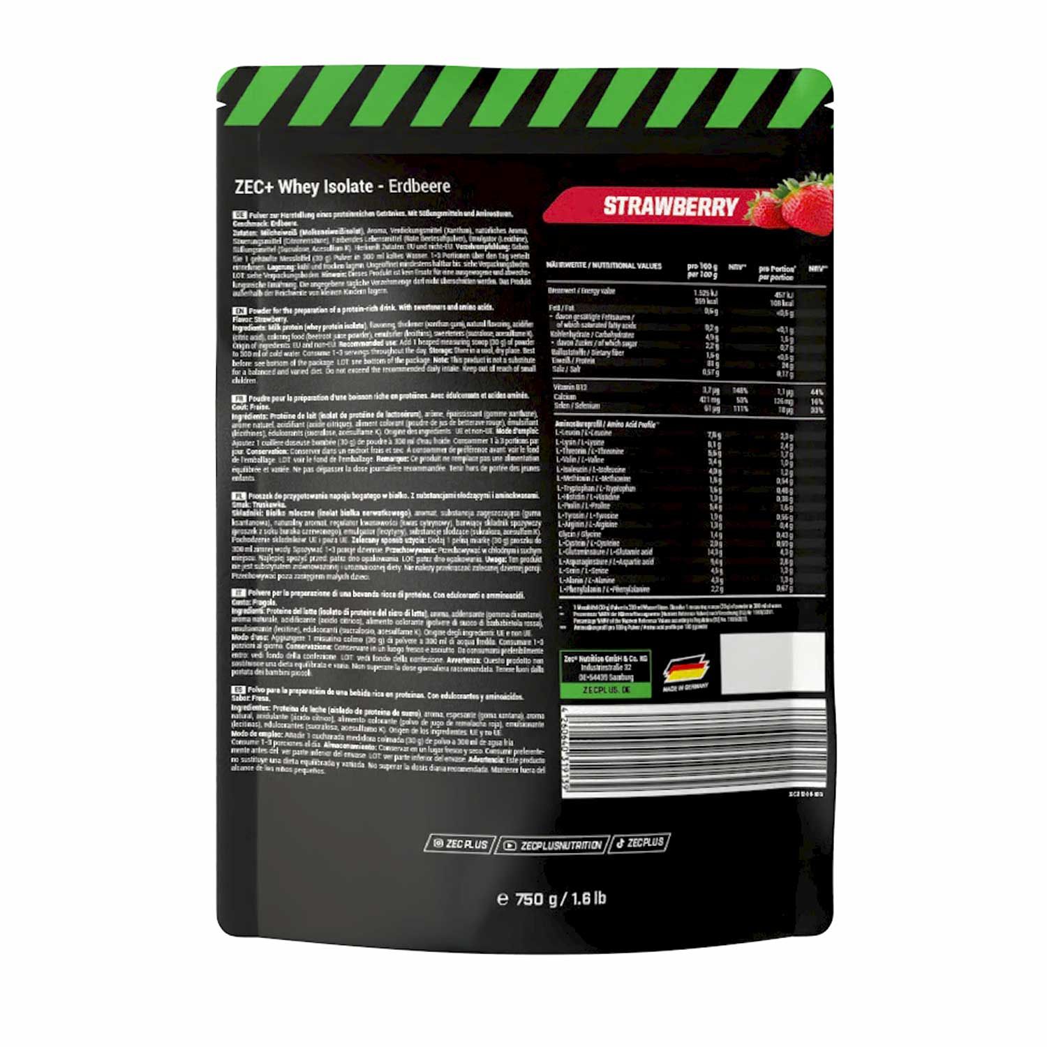 Rückseite der ZEC+ Whey Isolate Erdbeere-Verpackung. Schwarzer Beutel mit Text und Nährwertangaben. Erdbeeren oben rechts.