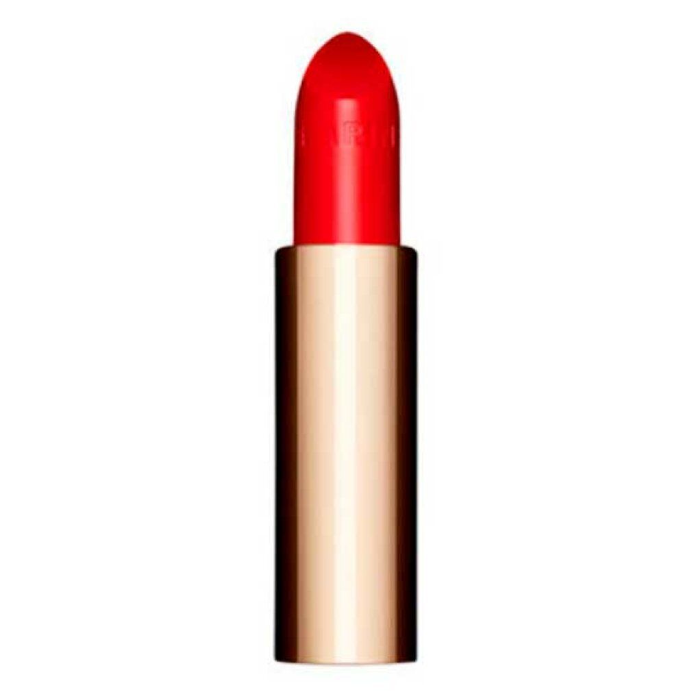 Roter Lippenstift in goldener Hülse. Spitze des Stifts sichtbar. Aufschrift auf dem Lippenstift.