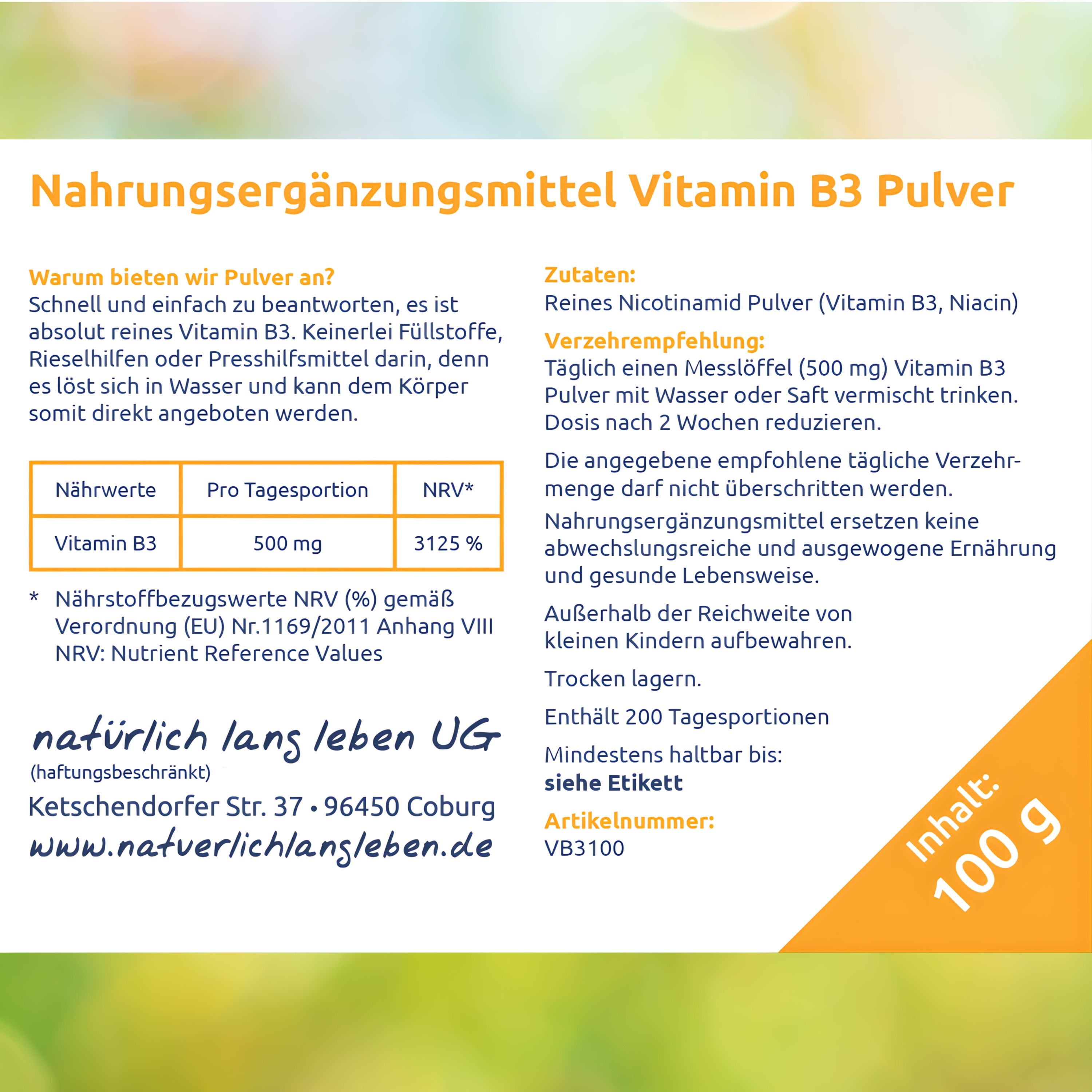 Text mit Informationen zu Vitamin B3 Pulver. Enthält Nährwertangaben, Zutaten, und Verzehrempfehlung. 100g Packung.