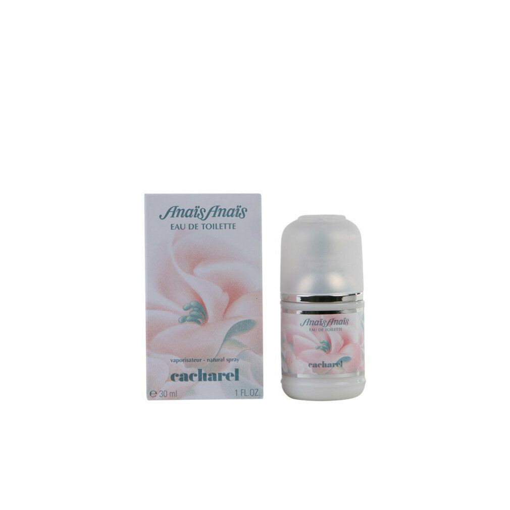 Parfümflasche und Schachtel. Auf der Flasche und Schachtel steht "Anaïs Anaïs Eau de Toilette" und "cacharel".