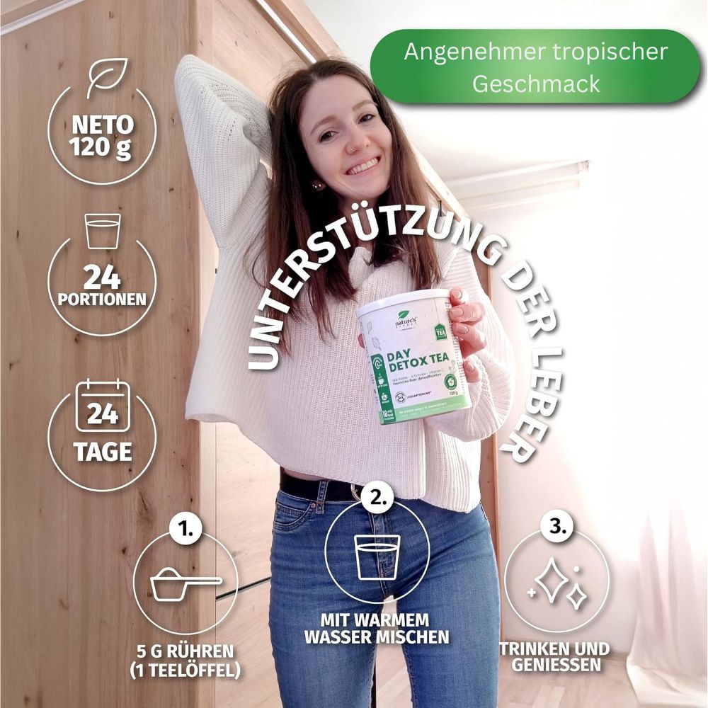 Frau hält Dose Nature's Finest Day Detox Tea. Anweisungen: 5g in warmem Wasser mischen, genießen. 24 Portionen, 24 Tage.
